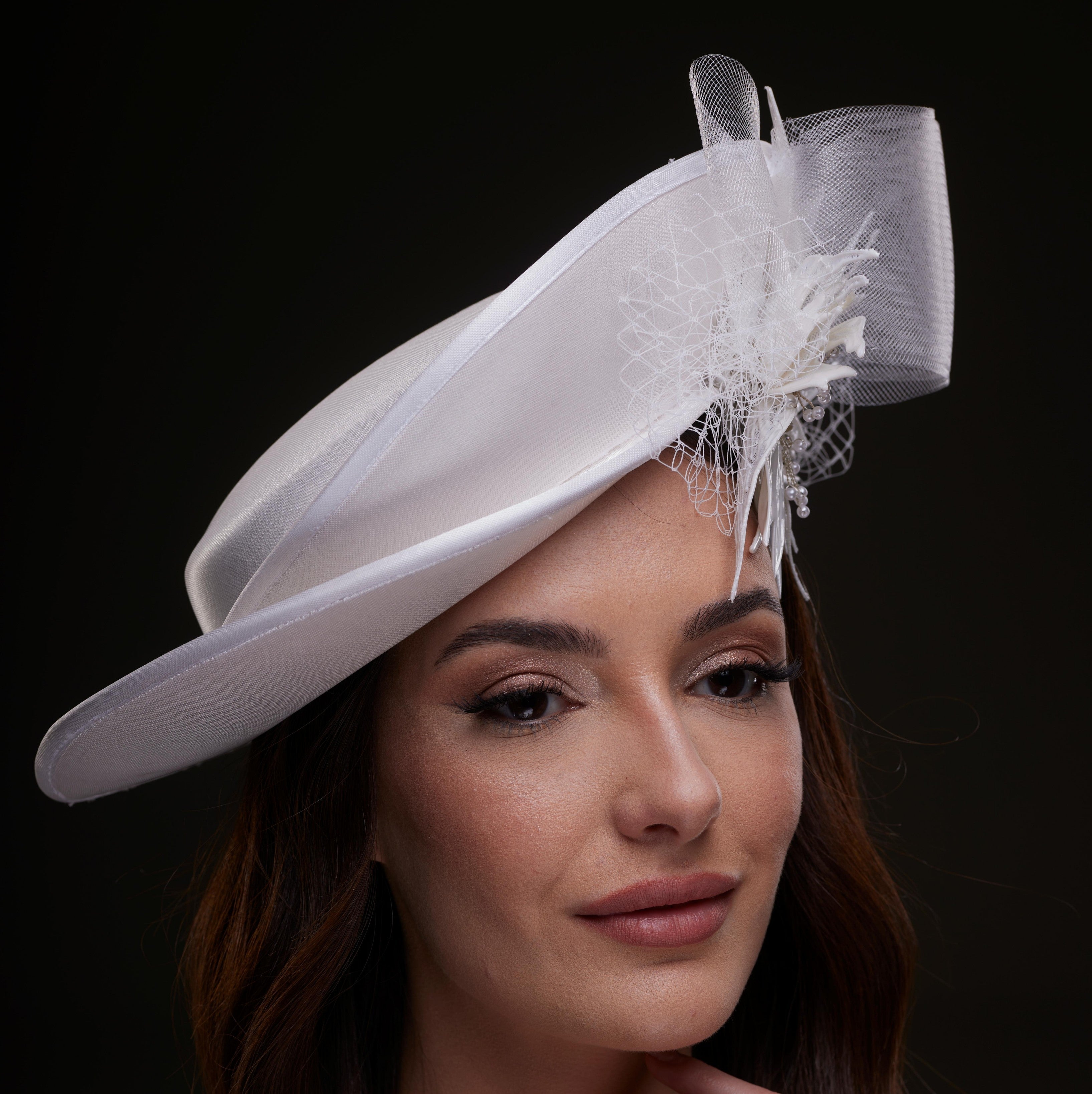 White Bridal Hat with Sculpted Flower – Bridal Port, view 7