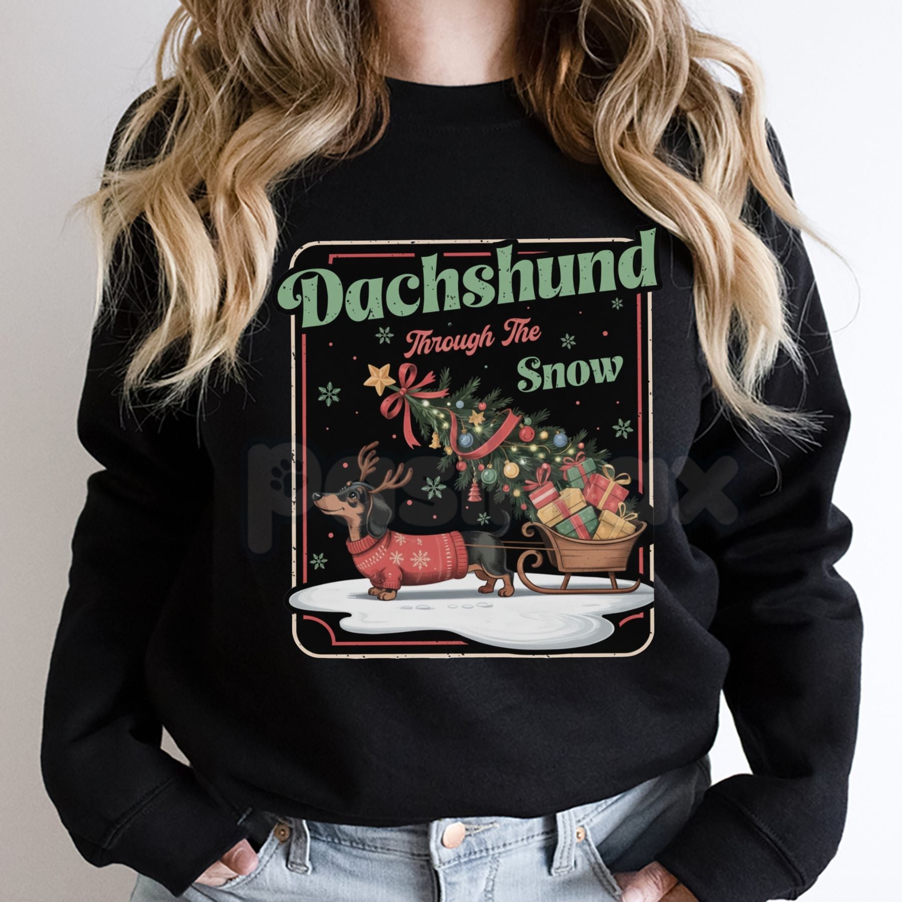 Pasimax Dachshund Through The Snow Sweatshirt | Cute Dog Pun Christmas Crewneck | Wiener Dog Holiday Jumper | Festive Pet Lov