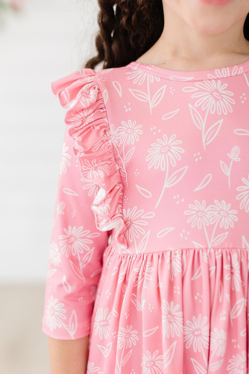 Mila & Rose ® Dahlia Doodles 3/4 Sleeve Ruffle Twirl Dress — detail close-up