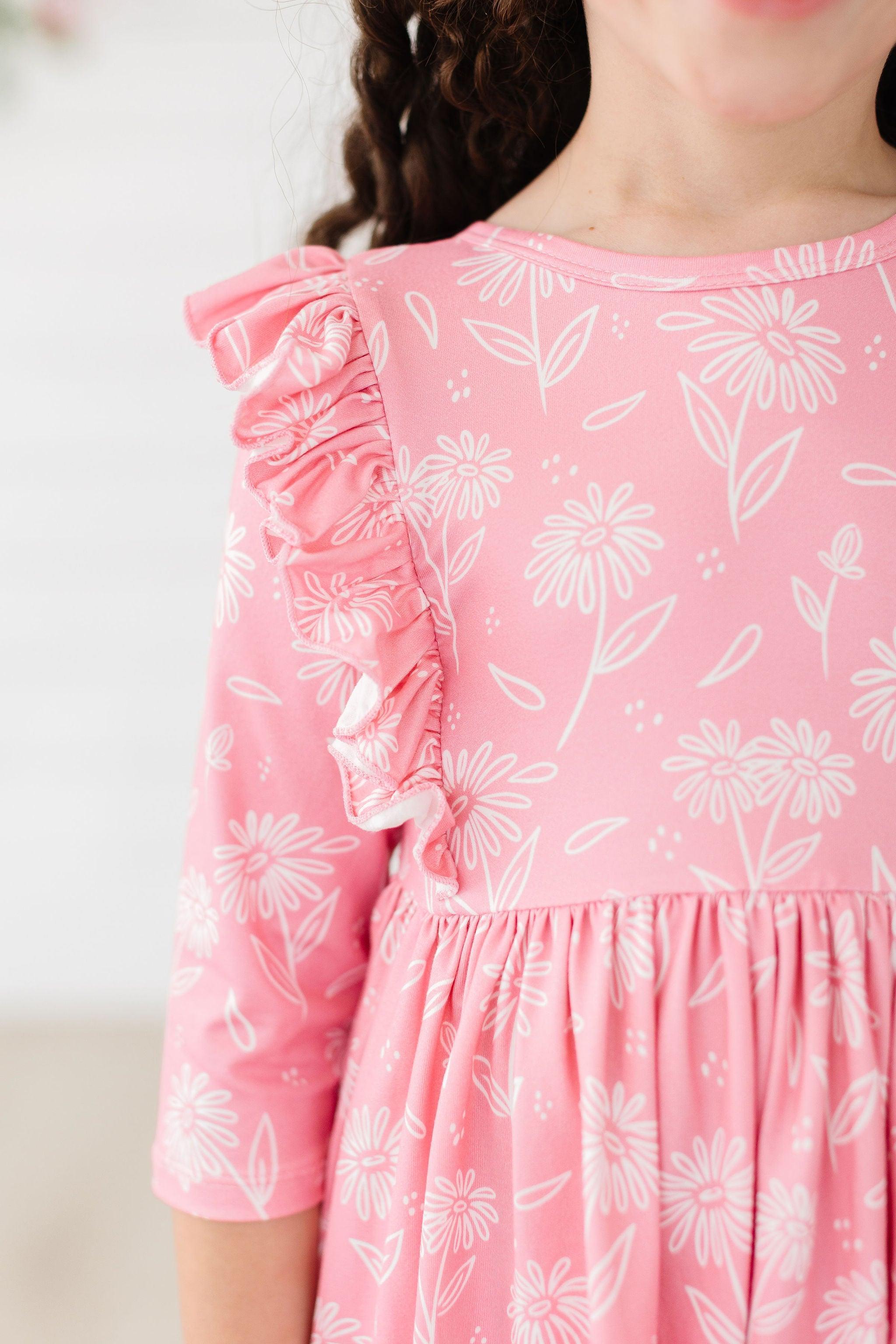 Mila & Rose ® Dahlia Doodles 3/4 Sleeve Ruffle Twirl Dress — detail close-up