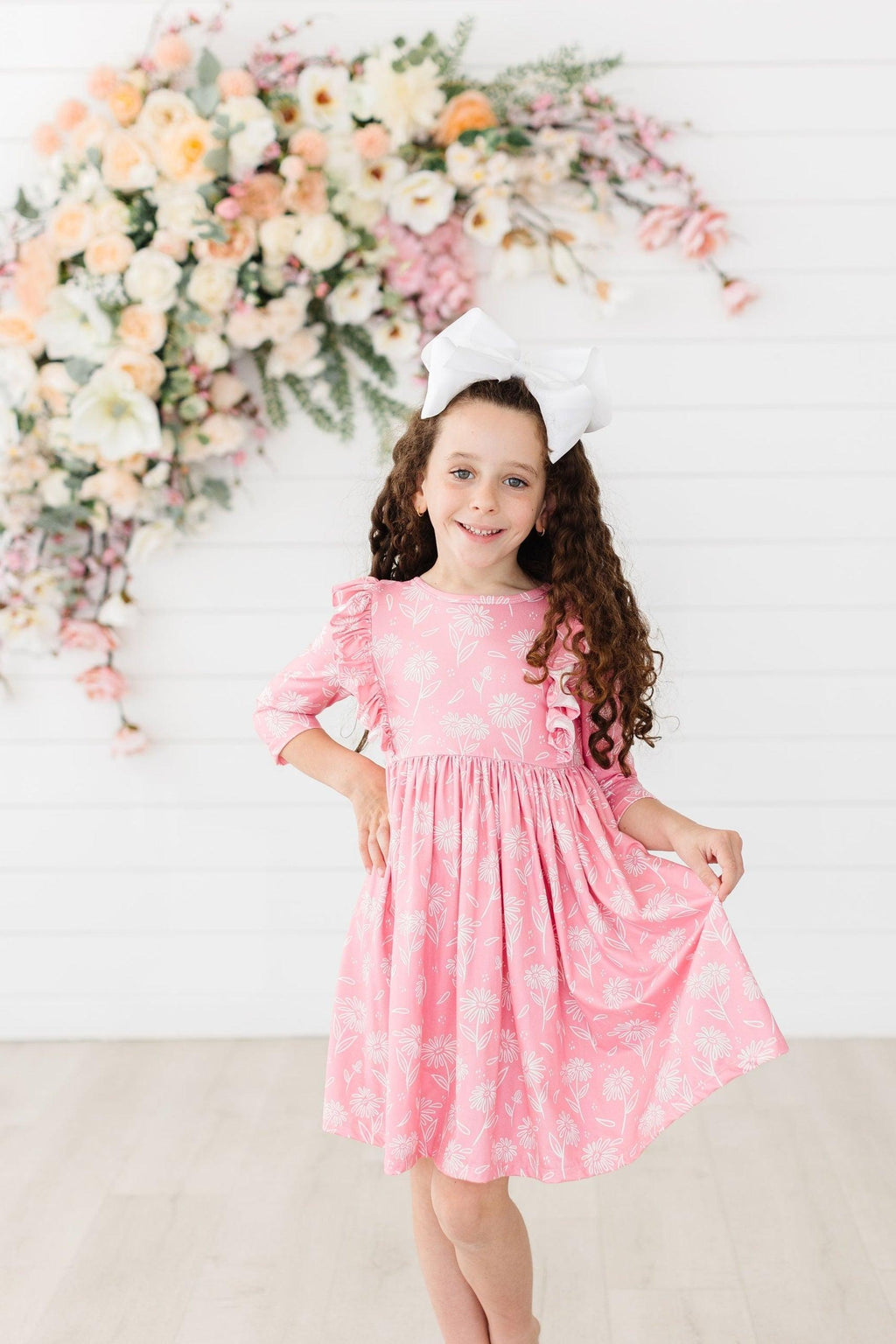 Mila & Rose ® Dahlia Doodles 3/4 Sleeve Ruffle Twirl Dress — lifestyle context