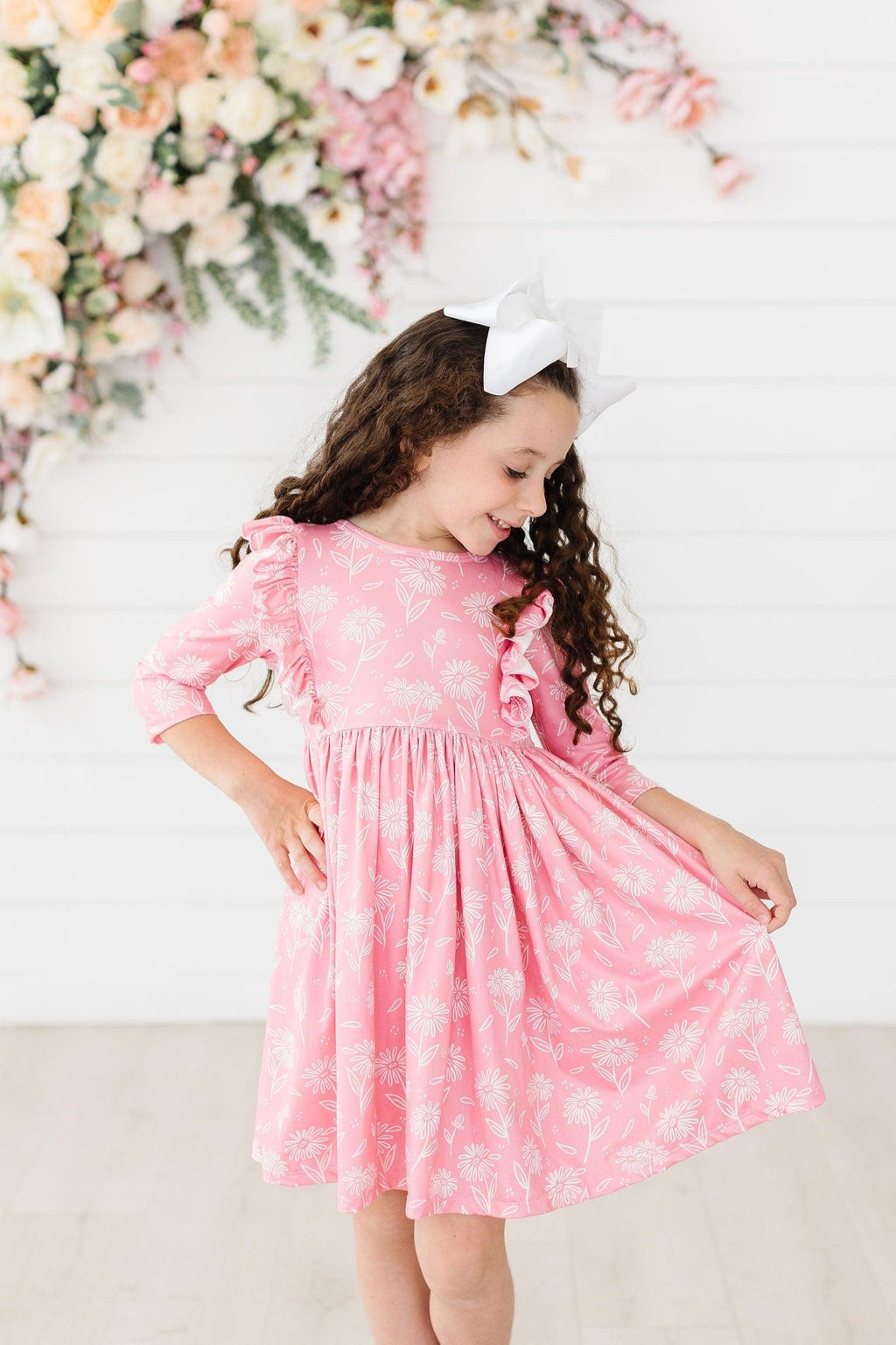 Mila & Rose ® Dahlia Doodles 3/4 Sleeve Ruffle Twirl Dress — main product shot
