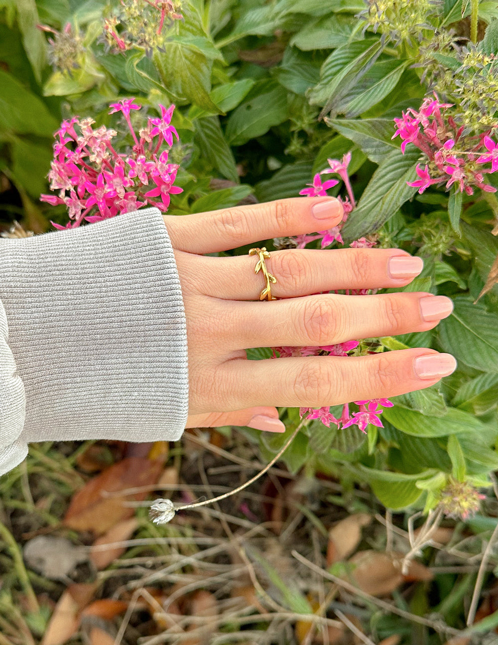 Elevated Faith Dainty Olive Branch Ring — lifestyle context