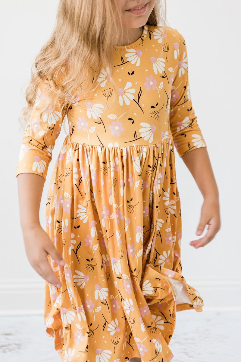 Mila & Rose ® Dandelions in Fall 3/4 Sleeve Pocket Twirl Dress — back view