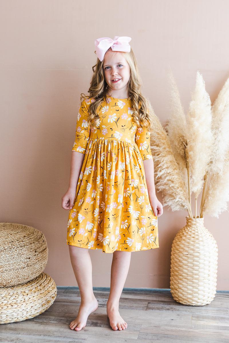 Mila & Rose ® Dandelions in Fall 3/4 Sleeve Pocket Twirl Dress — in-use photo
