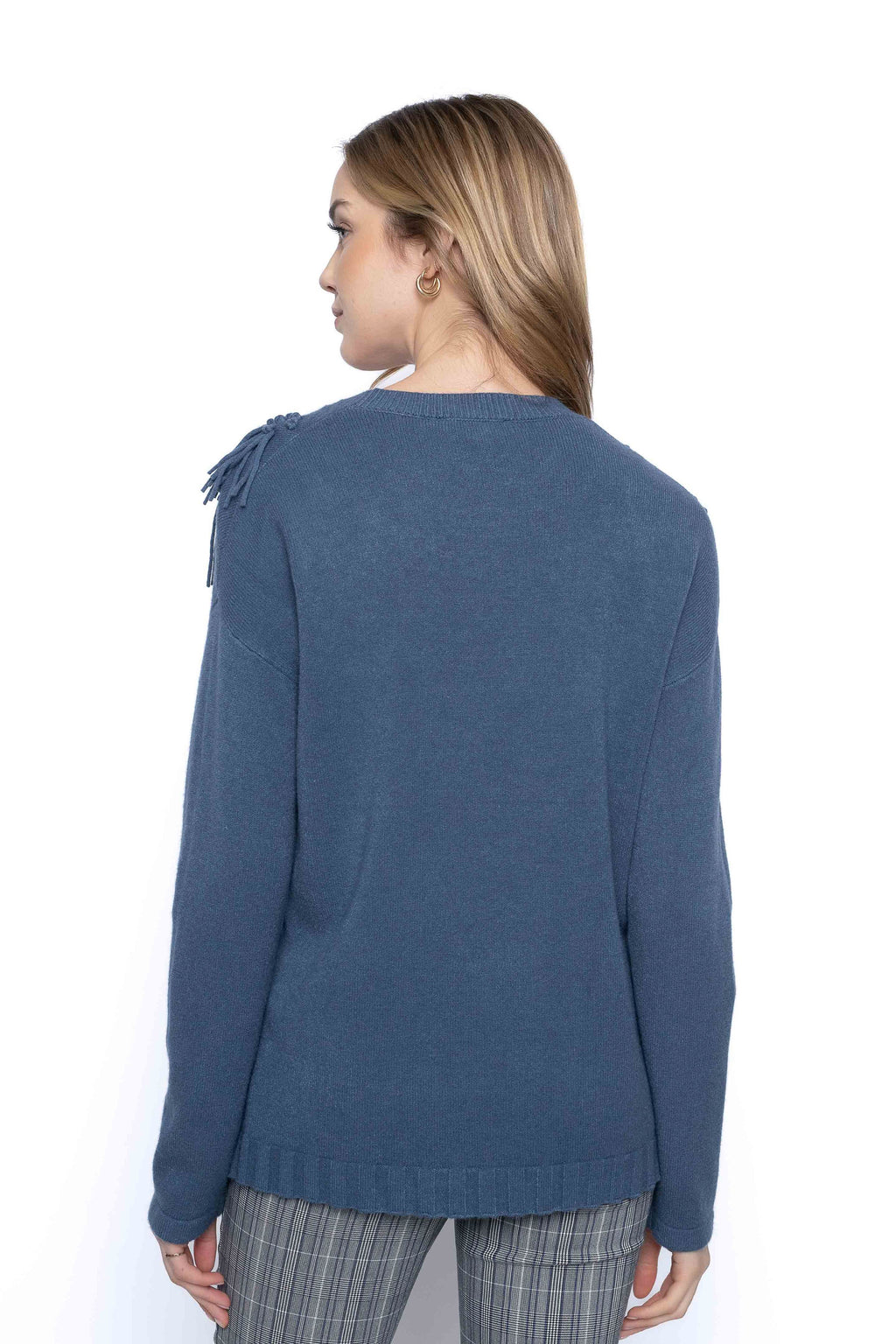 KADOU BOUTIQUE Women’s decorated neckline sweater — detail close-up