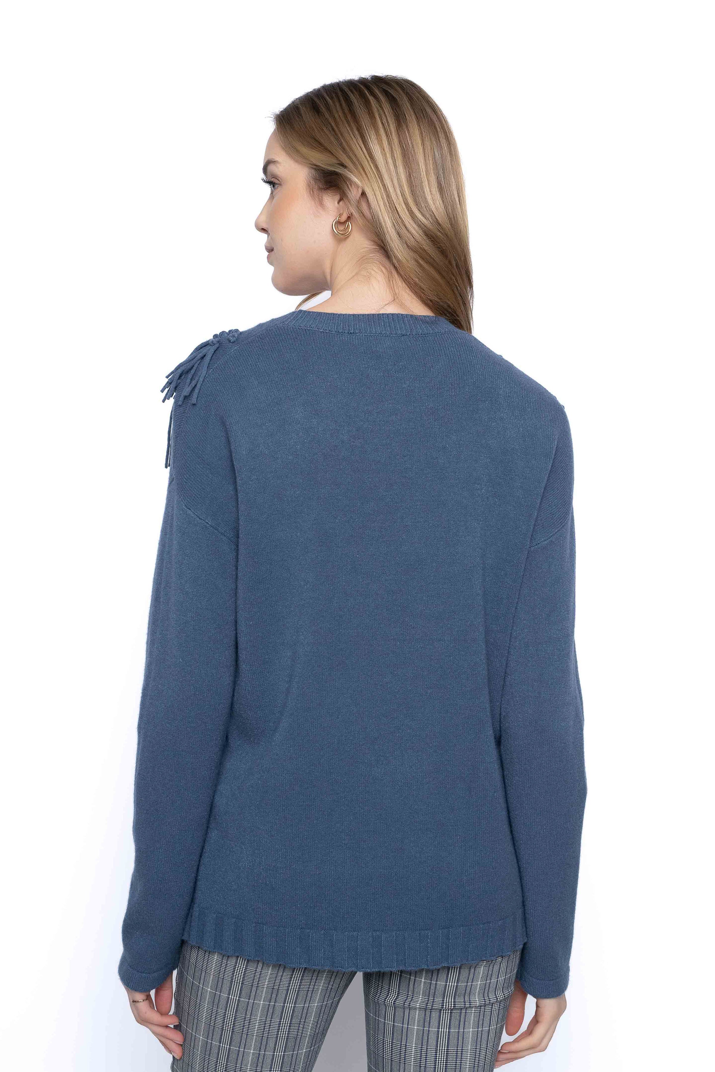 KADOU BOUTIQUE Women’s decorated neckline sweater — detail close-up