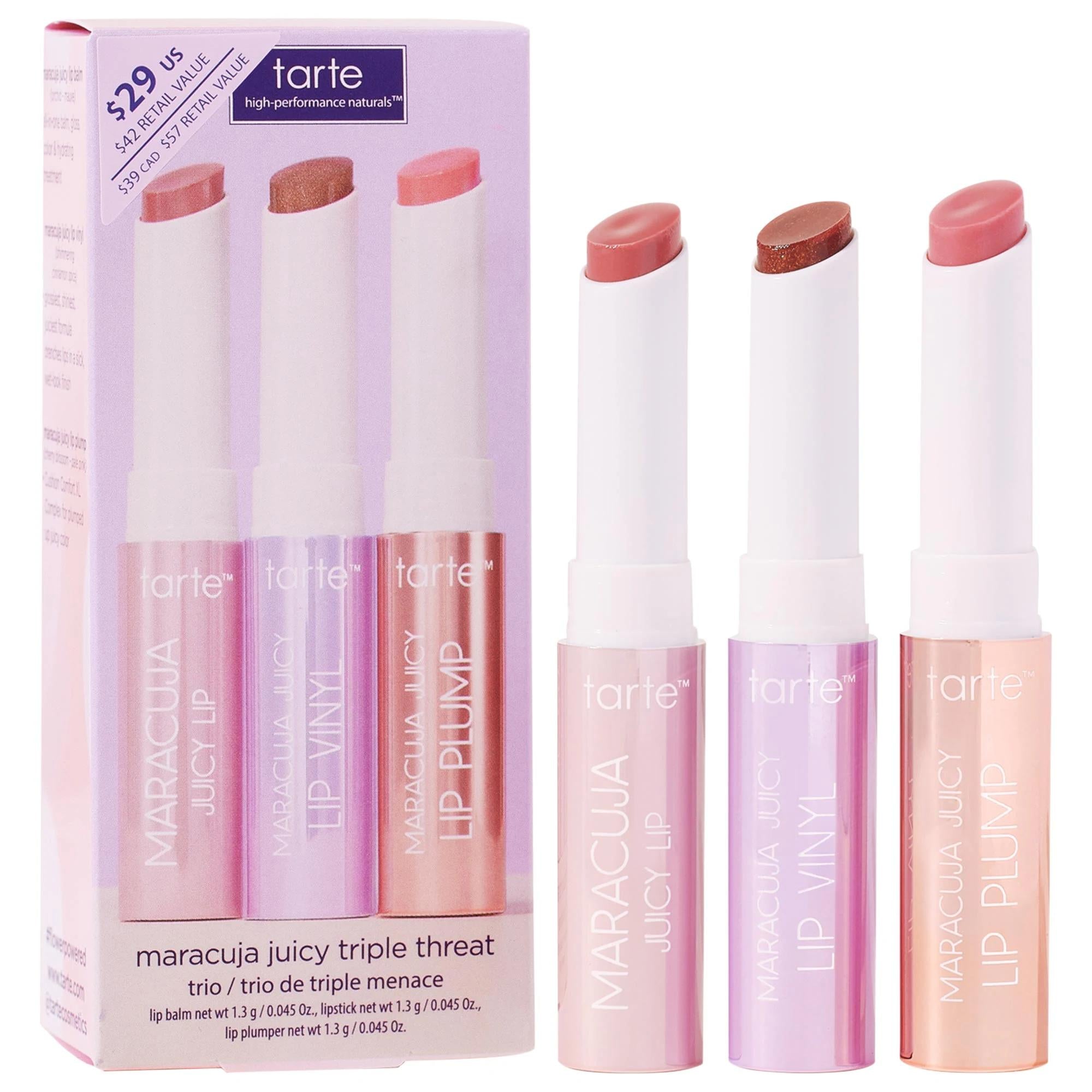 Tarte Mini Maracuja Juicy Triple Threat Trio: Hydrating Vegan Lip Balm Set with Maracuja Oil for Plump, Smooth Lips