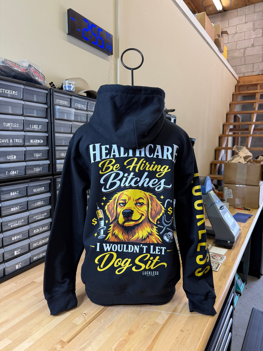 Luckless Outfitters Dog Sit Hoodie — detail close-up