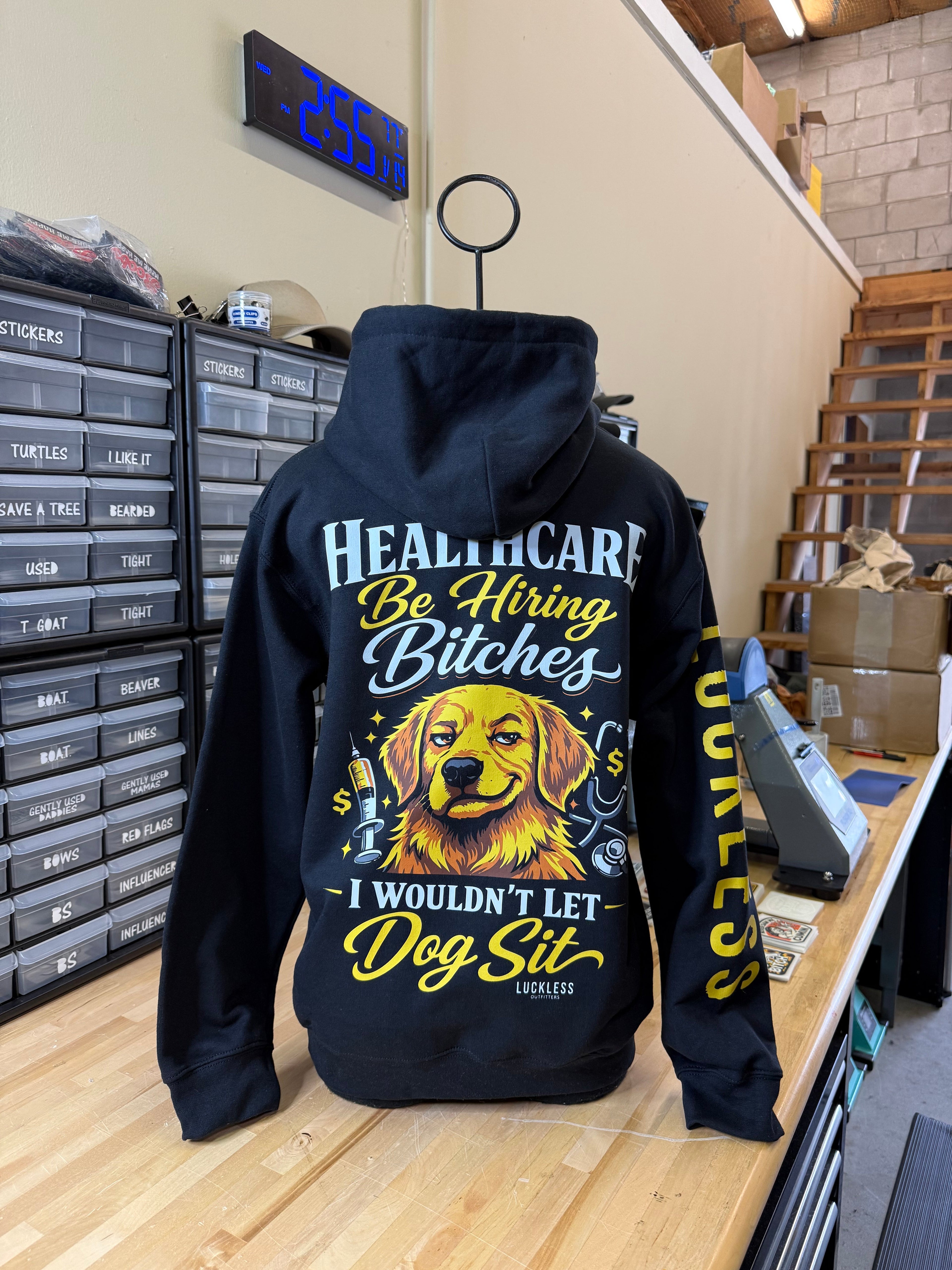 Luckless Outfitters Dog Sit Hoodie — detail close-up