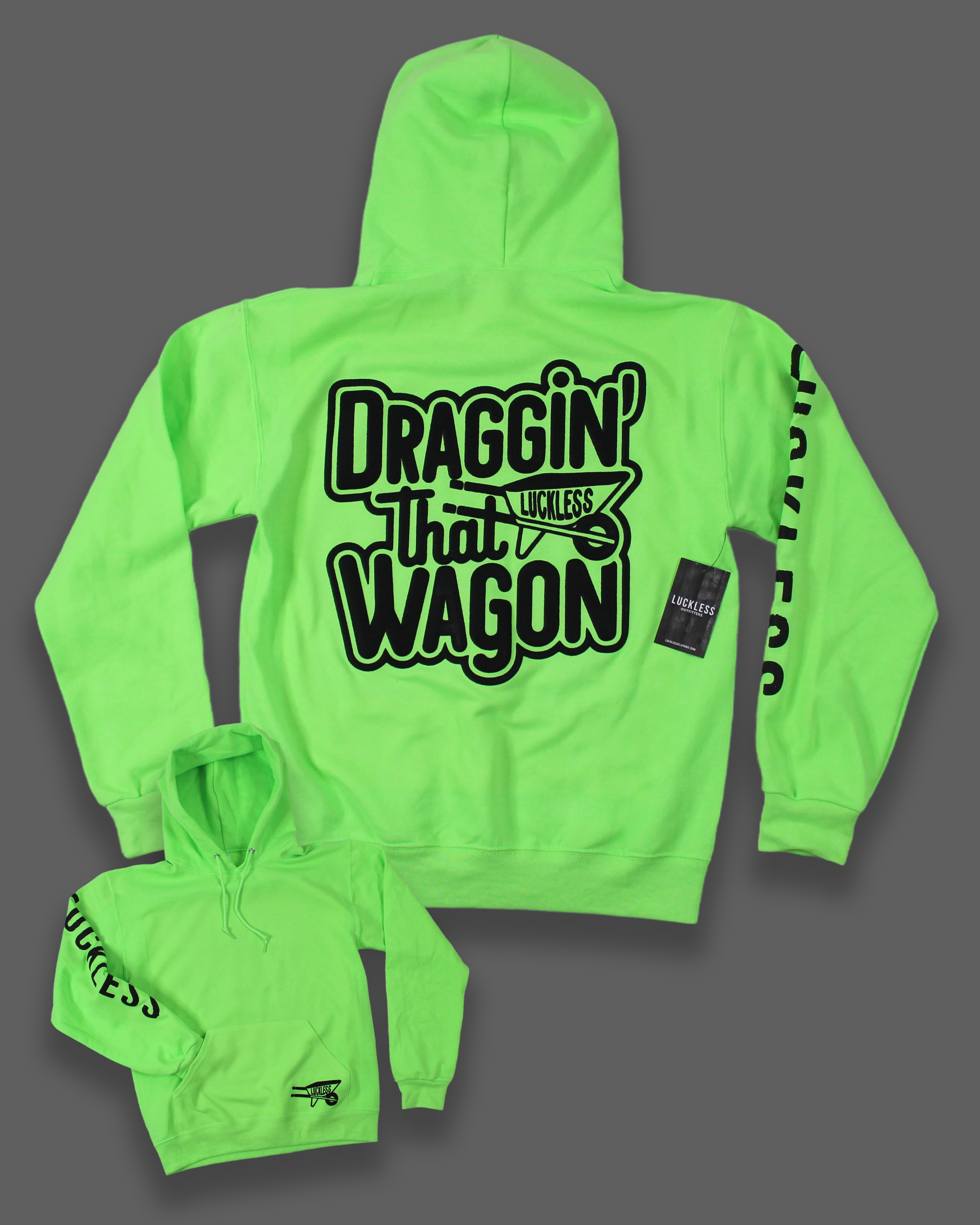 Luckless Outfitters Draggin that Wagon Hoodie — detail close-up