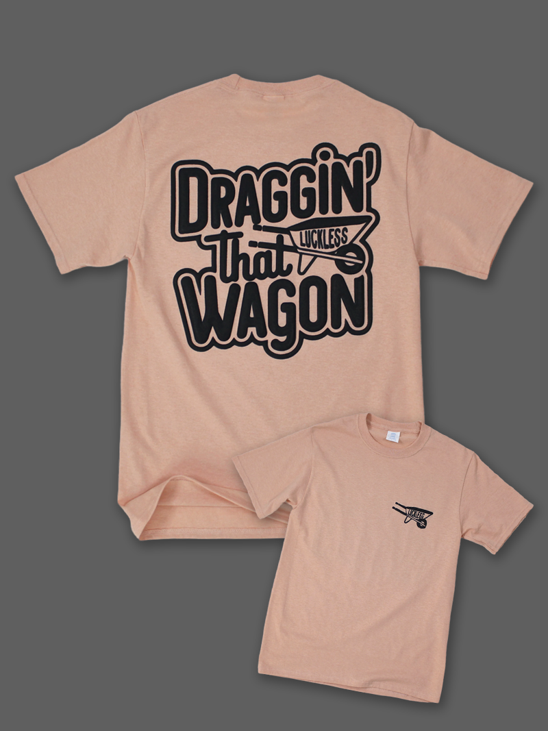 Luckless Outfitters Draggin That Wagon Tee — detail close-up