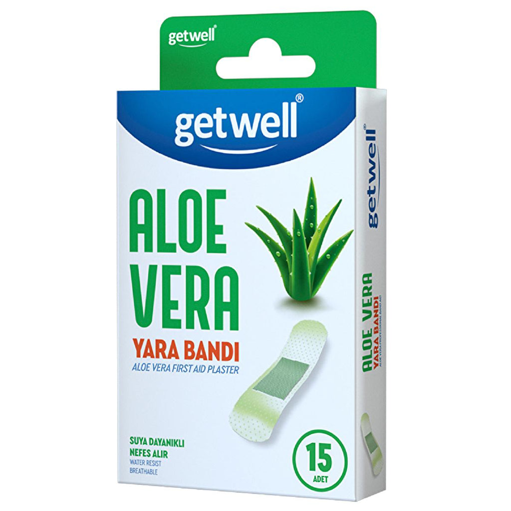Getwell Aloe Vera Waterproof Adhesive Bandages - Breathable Wound Dressing for Cuts, Scrapes - First Aid Protection & Fast Healing (15 Count)