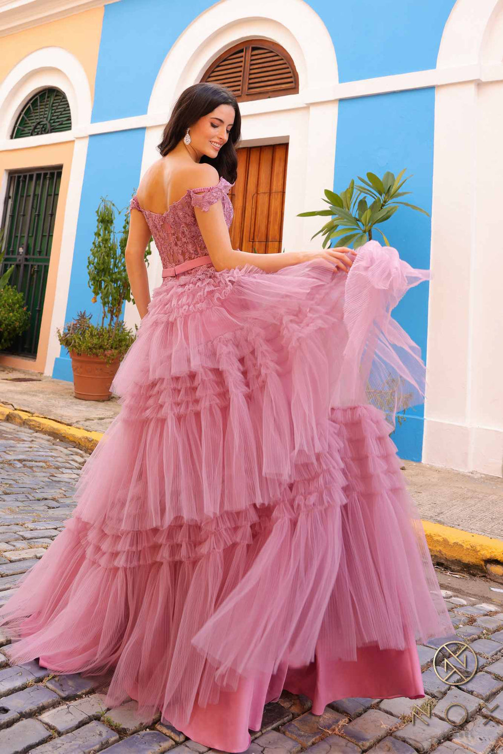 Nox Anabel E1293 Long Off the Shoulder Sweetheart Ruffled Tiered Tulle Gown