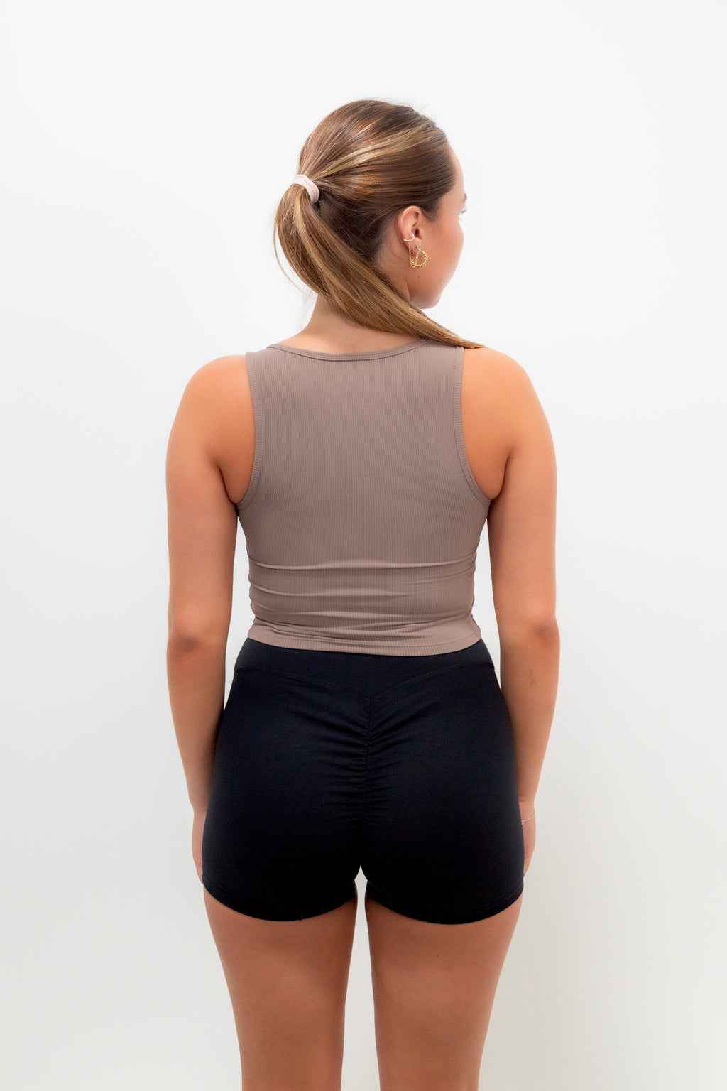 KIMITH BRAND I Am Self Love Ribbed Quick-Dry Butter Taupe Tank — lifestyle context