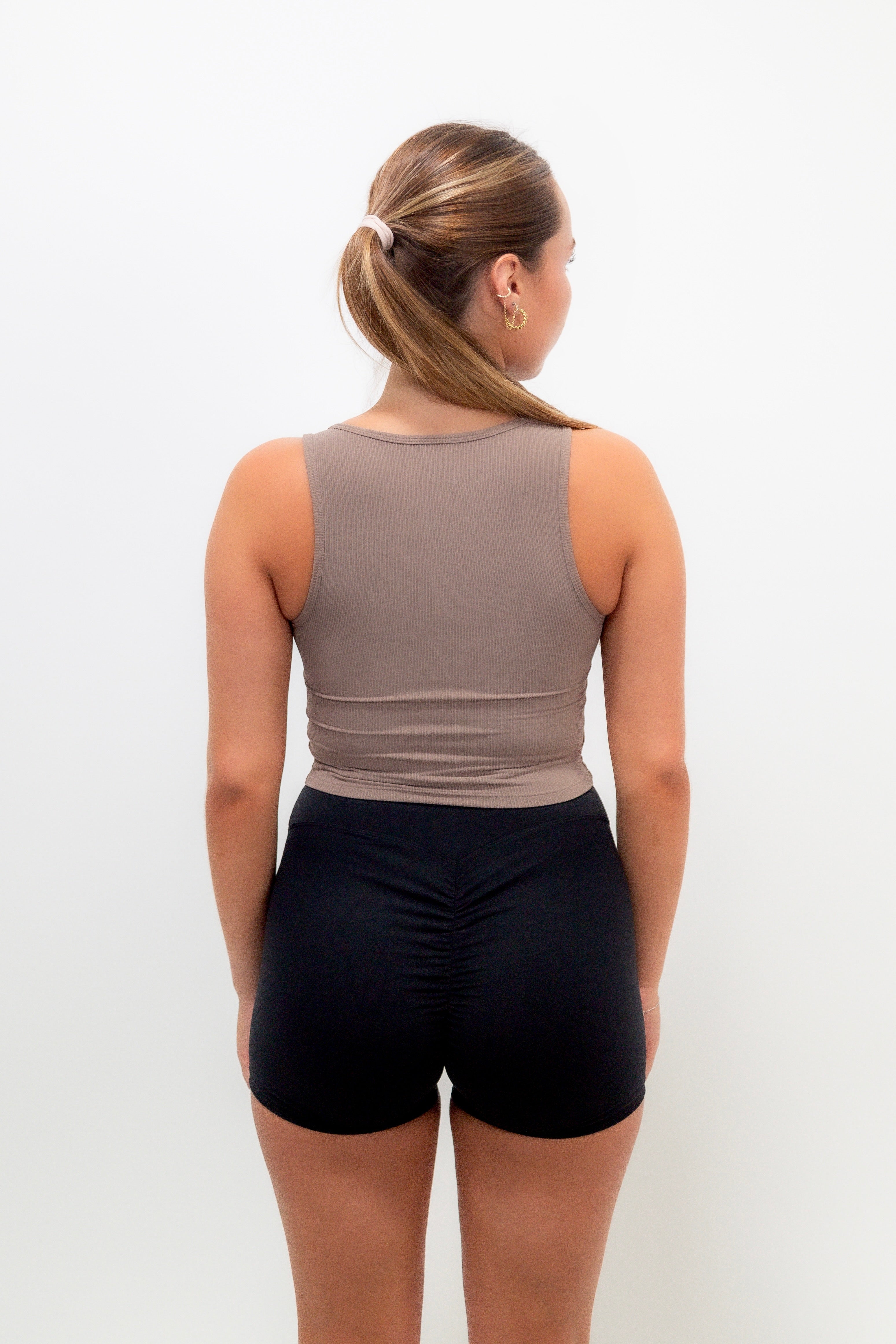 KIMITH BRAND I Am Self Love Ribbed Quick-Dry Butter Taupe Tank — lifestyle context