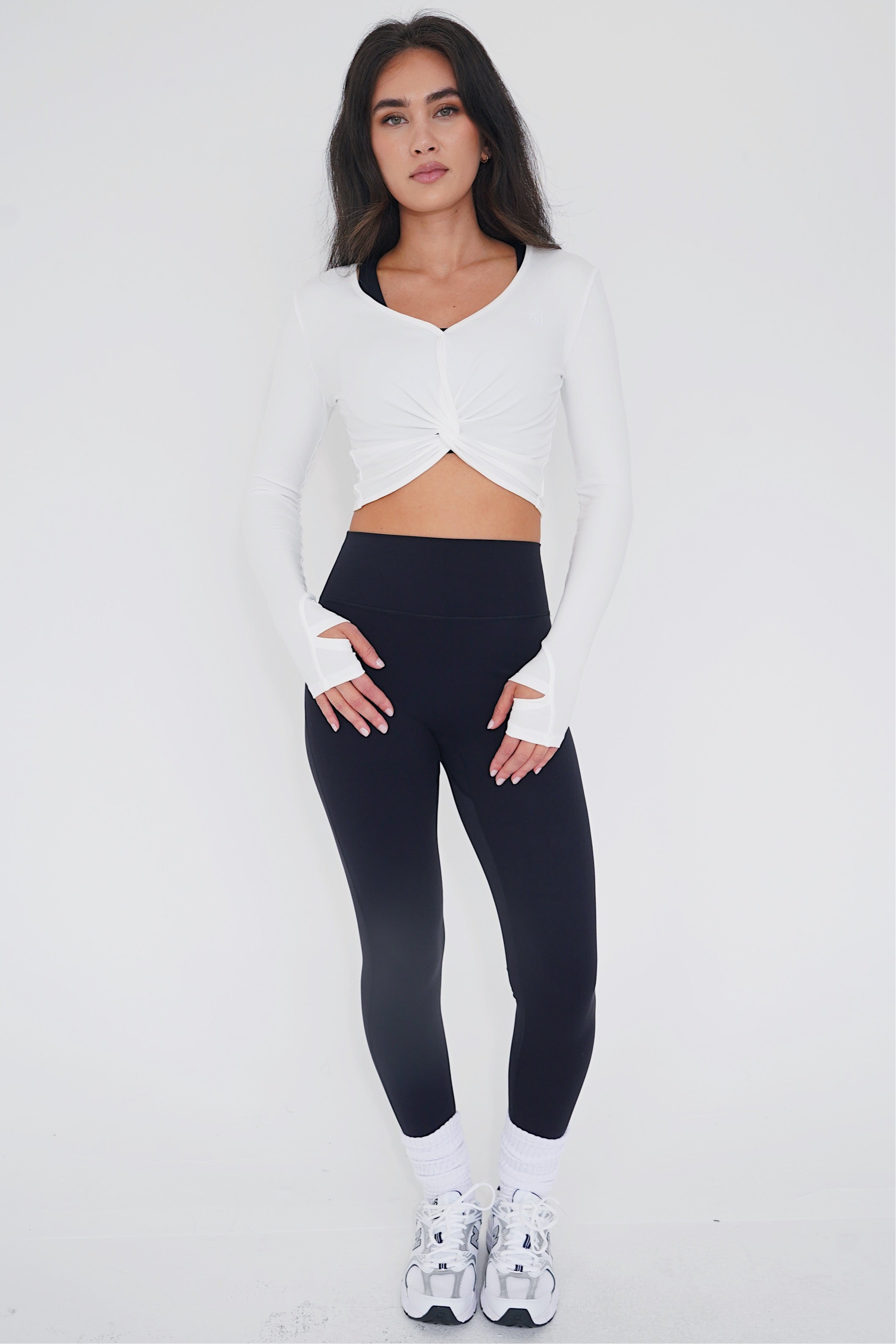KIMITH BRAND I Release Doubt Buttery Soft White Long Sleeve Crop Top — fabric or material detail