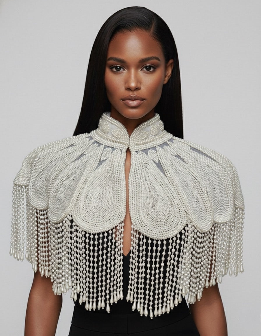 L'Jai Amor Pearl Halo Cape — lifestyle context