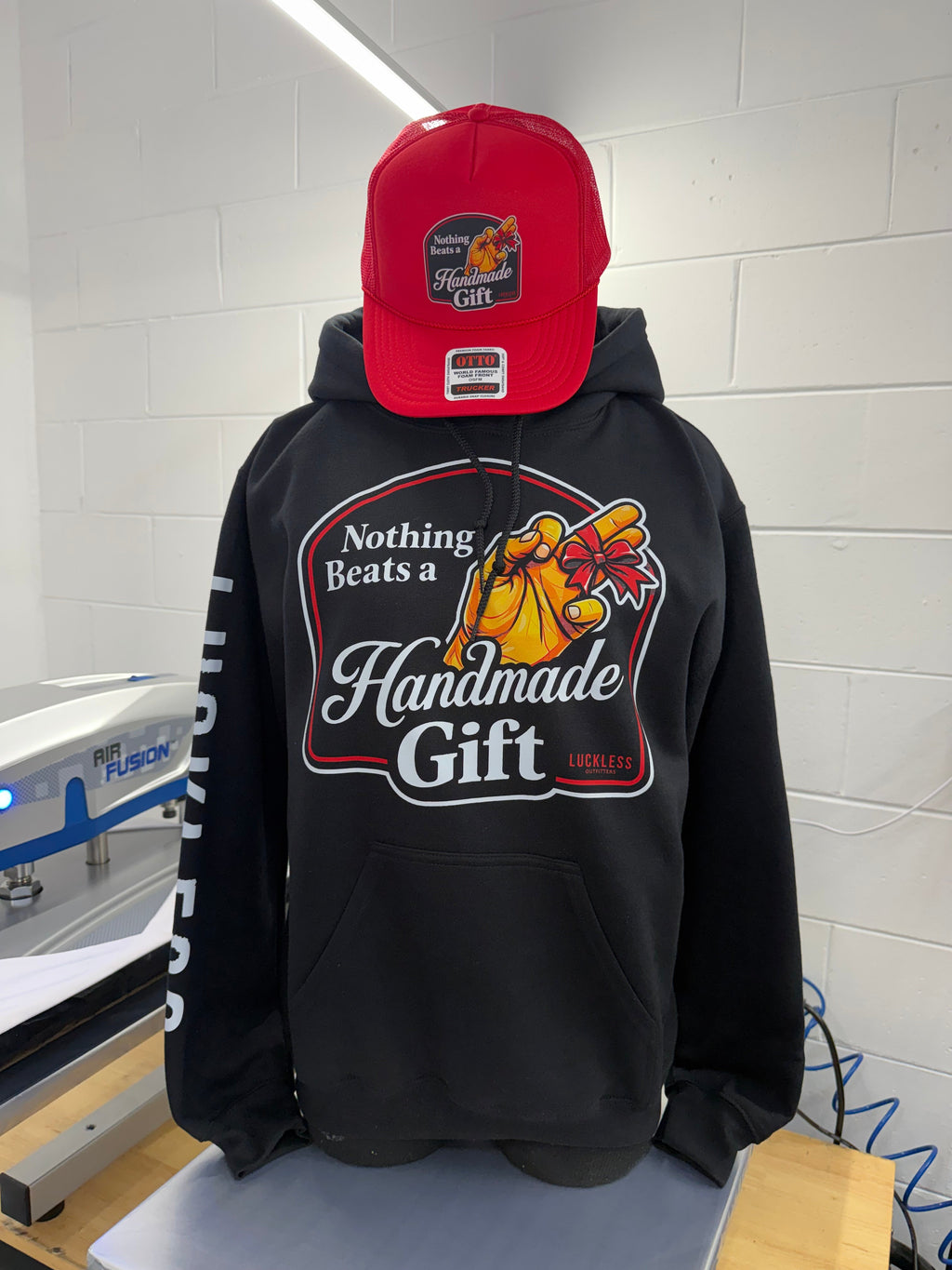 Luckless Outfitters Nothing Beats A Handmade Gift Hoodie — detail close-up