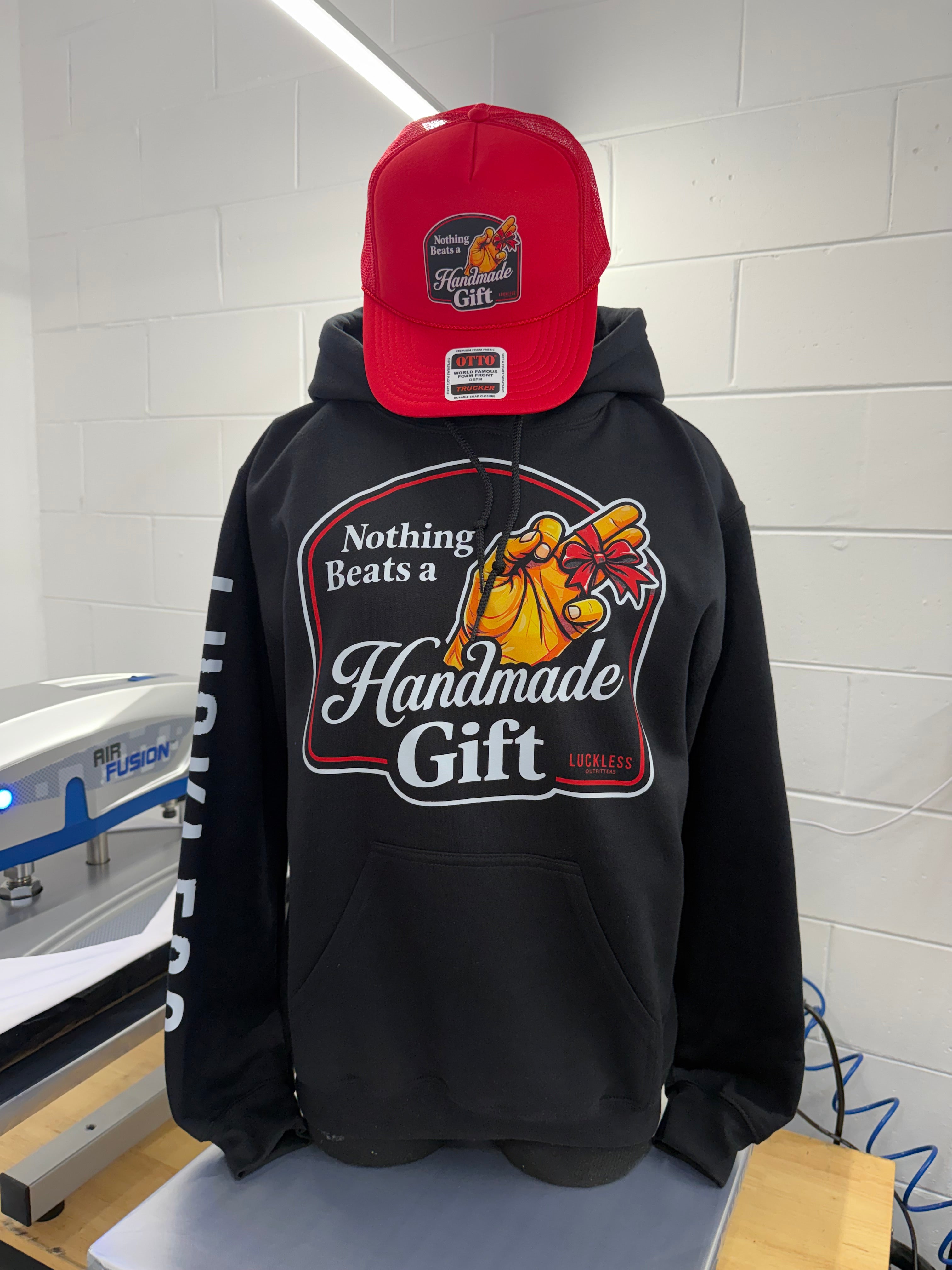 Luckless Outfitters Nothing Beats A Handmade Gift Hoodie — detail close-up