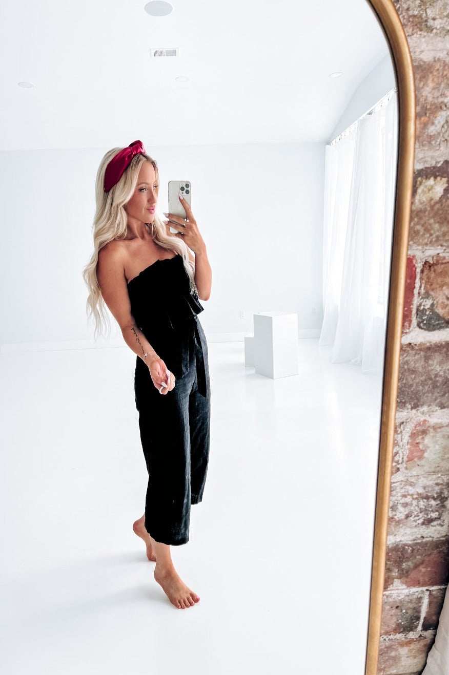 Pretty Little Patriot Black Ruffled Capri Jumpsuit — main product shot