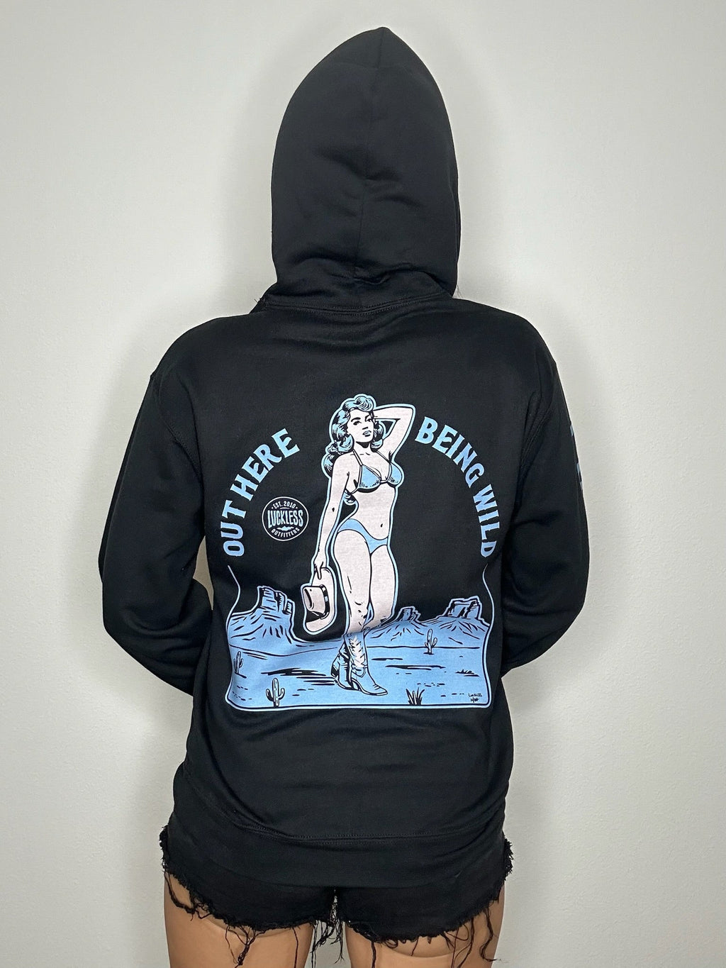 Luckless Outfitters Out Here Being Wild Hoodie in Dew Blue — side view