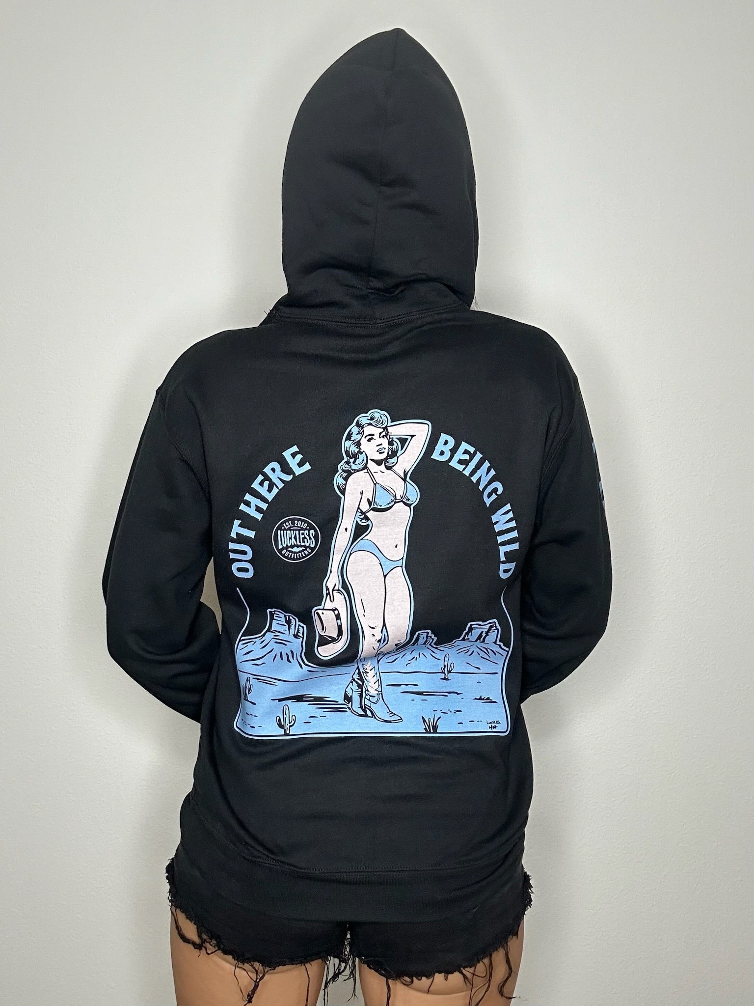 Luckless Outfitters Out Here Being Wild Hoodie in Dew Blue — side view