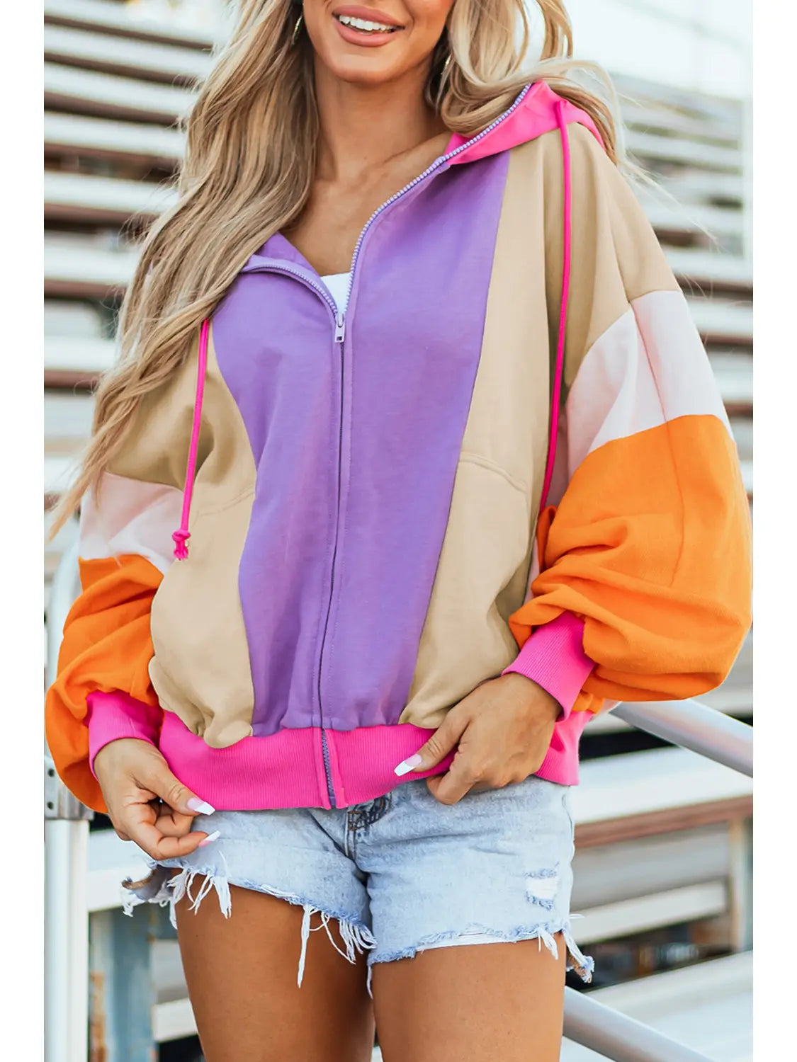 Pretty Little Patriot Pretty Little Patriot Oversized Bright Pink Purple & Orange Zip Hoodie — Pink detail
