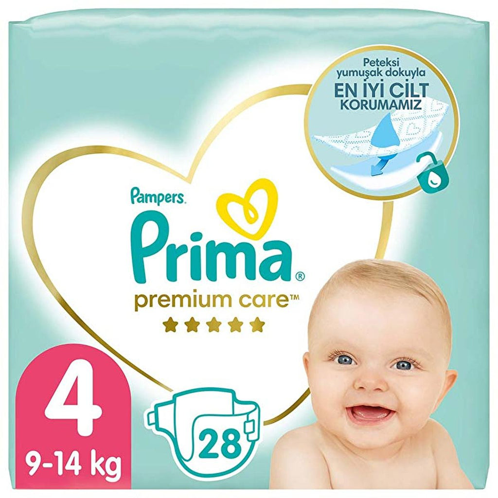 Prima Premium Care Baby Diapers, Size 4, 28 Count - Soft, Leakproof, and Dermatologically Tested Diapers for Sensitive Skin