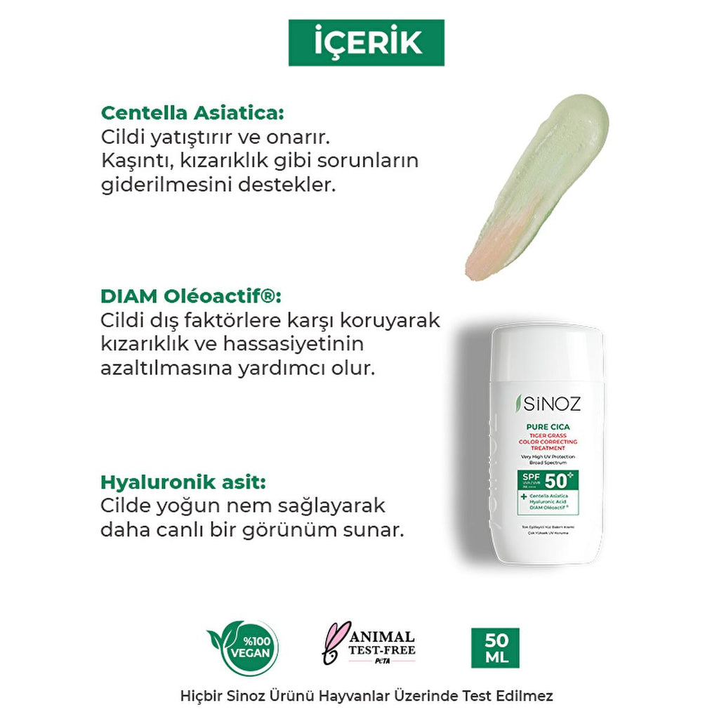 Sinoz Cica Tiger Grass Tinted Sunscreen SPF50+: Color Correcting, Redness Reducing Mineral Sunscreen with Hyaluronic Acid - Evens Skin Tone