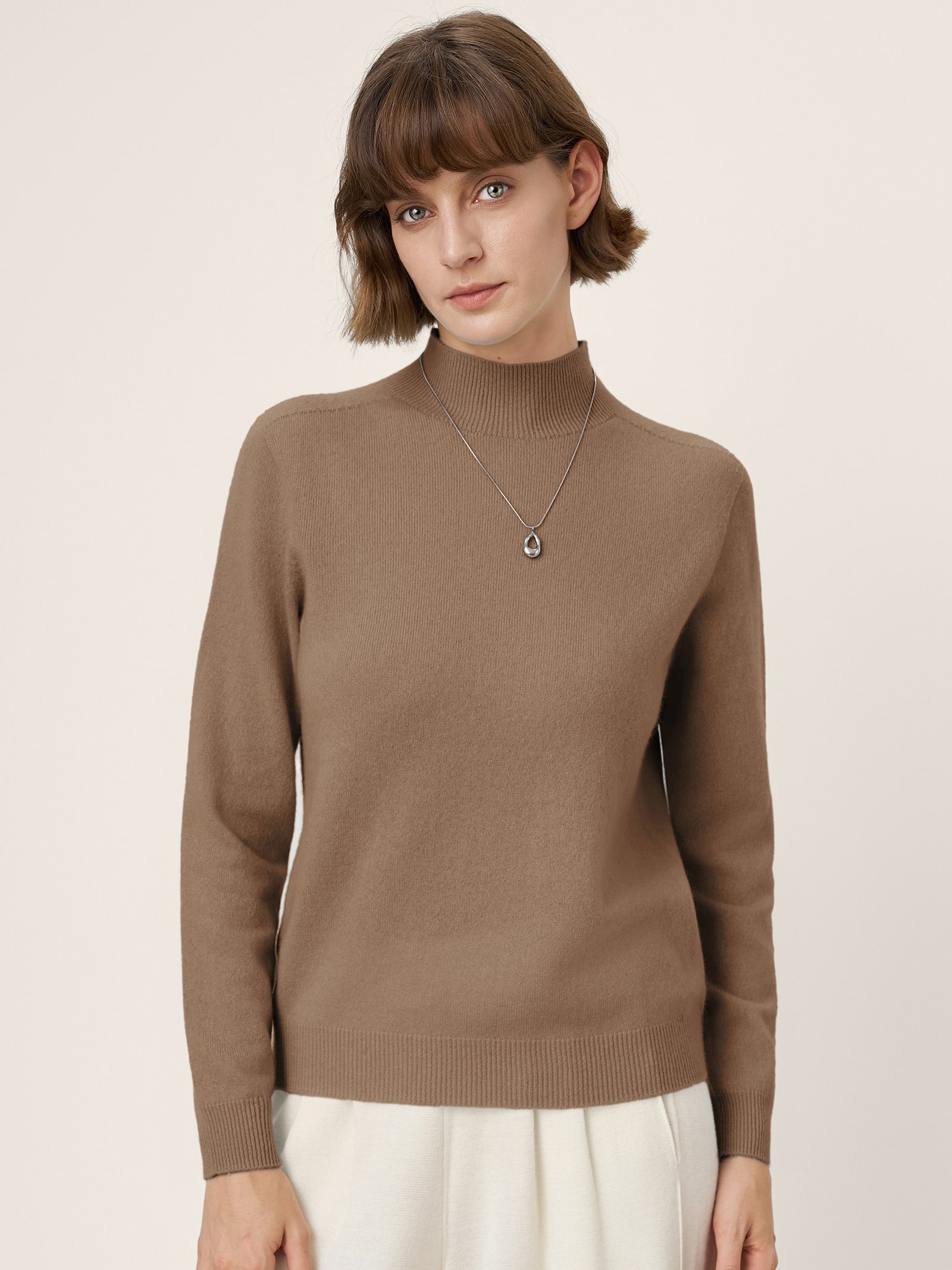 LINTICO Premium Cashmere Blend Hand-Finished Seamless Mock Neck Ribbed Sweater RHEA — lifestyle context