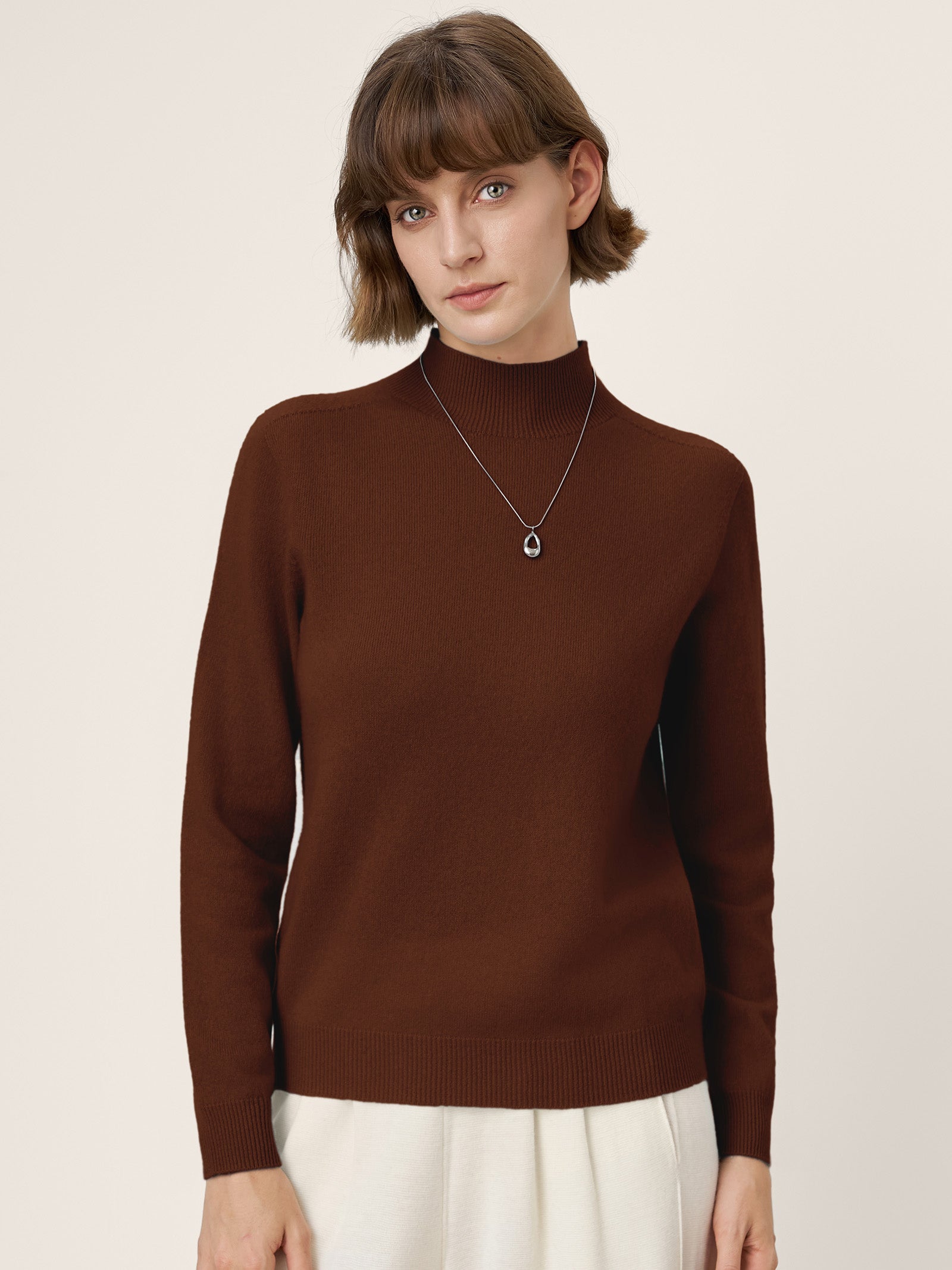 LINTICO Premium Cashmere Blend Hand-Finished Seamless Mock Neck Ribbed Sweater RHEA — in-use photo