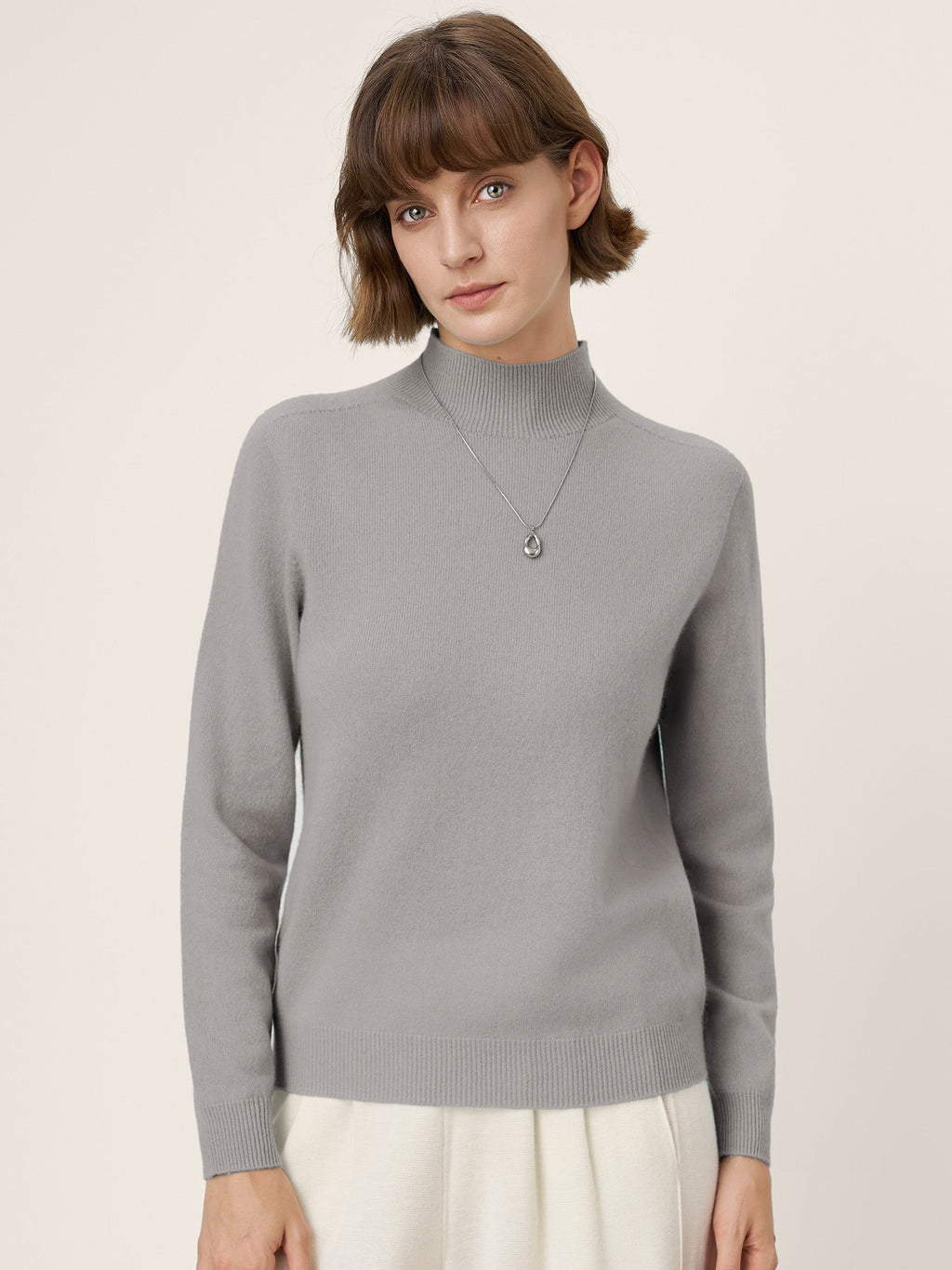LINTICO Premium Cashmere Blend Hand-Finished Seamless Mock Neck Ribbed Sweater RHEA — product on model