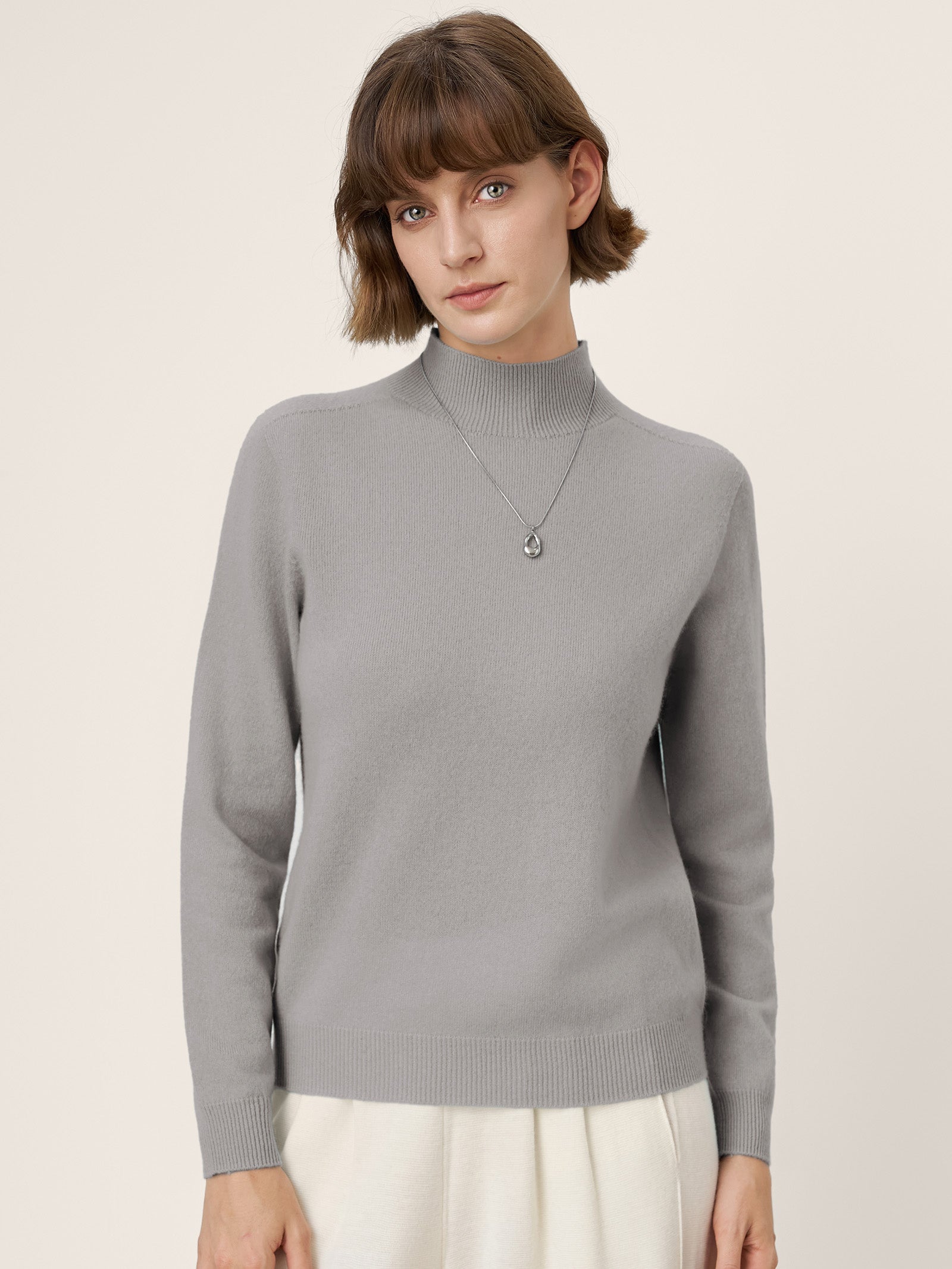 LINTICO Premium Cashmere Blend Hand-Finished Seamless Mock Neck Ribbed Sweater RHEA — product on model