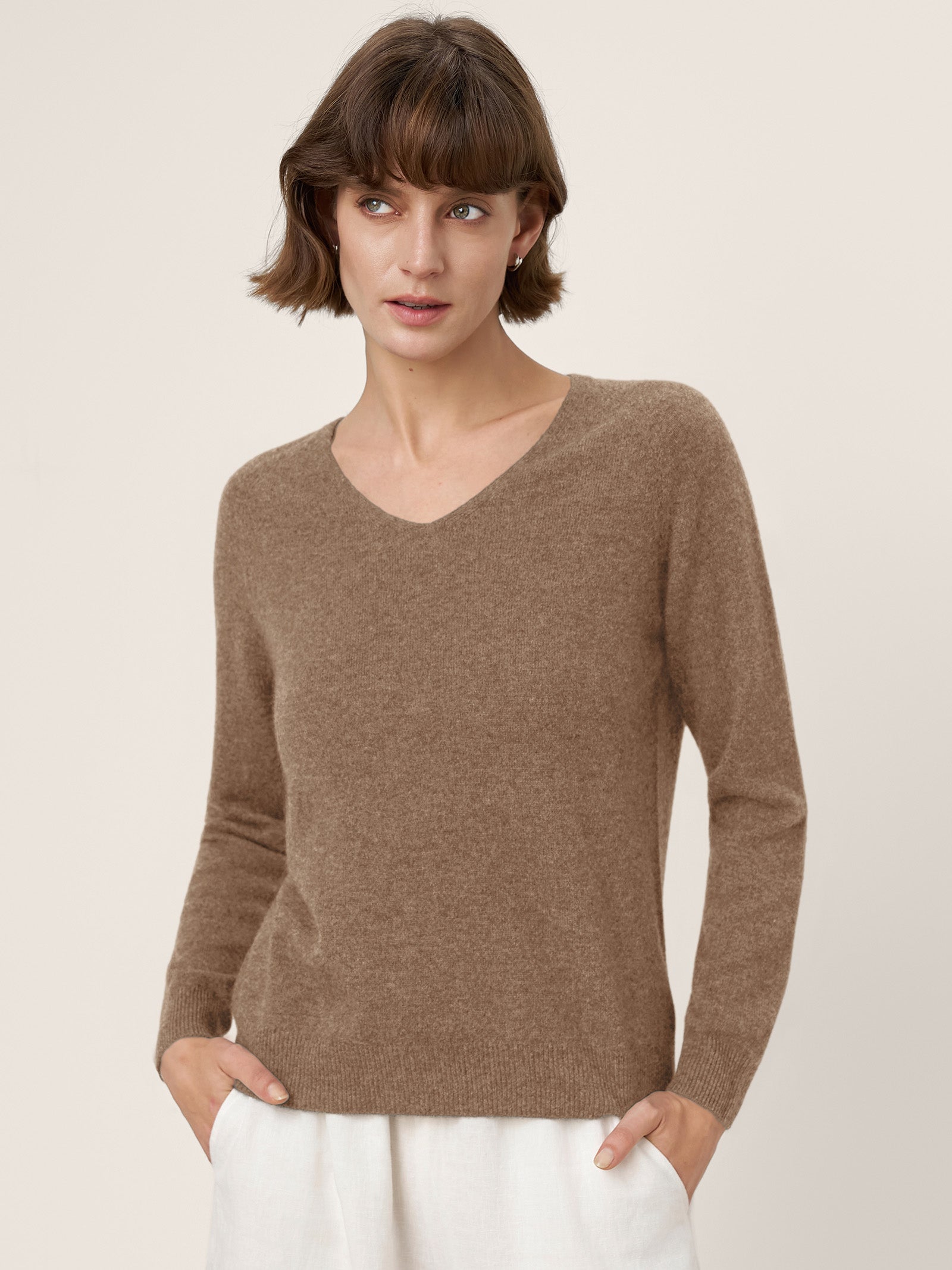 LINTICO Premium Cashmere Blend Hand-Finished Seamless V-Neck Sweater SURI — product on model