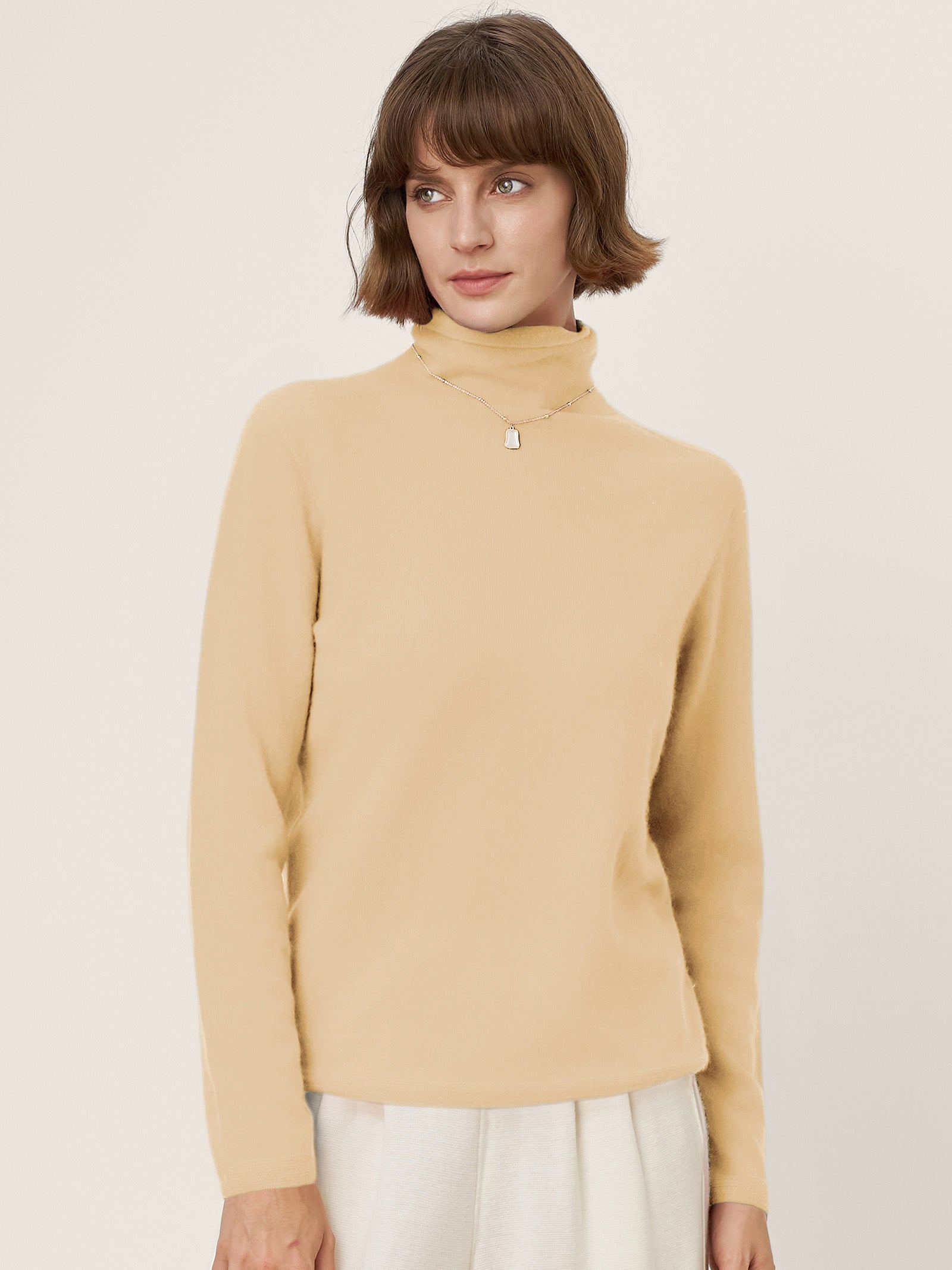 LINTICO Premium Cashmere Blend Hand-Finished Seamless Turtleneck Knit Top TOVE — product on model