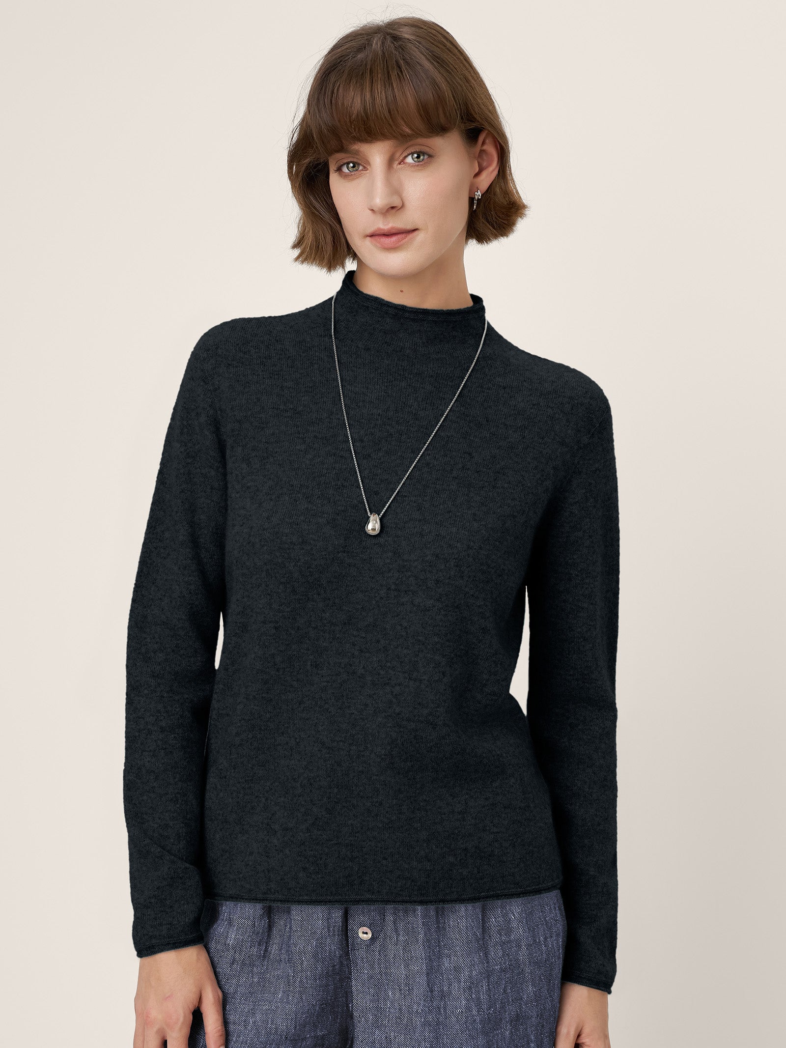 LINTICO Premium Cashmere Blend Hand-Finished Seamless Mock Neck Lettuce Edge Sweater ZELIE — alternative angle