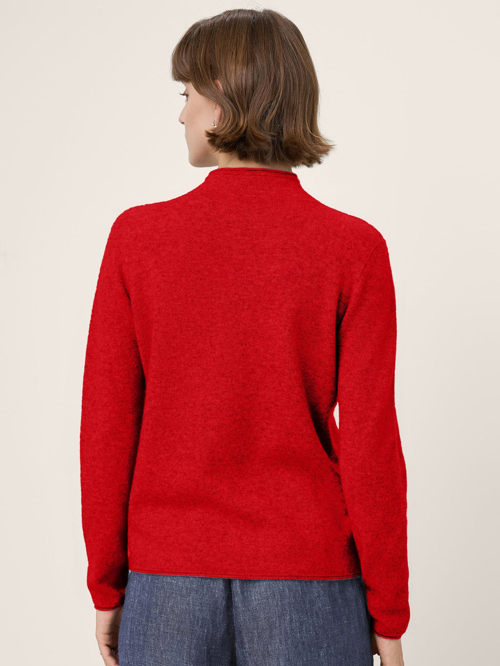 LINTICO Premium Cashmere Blend Hand-Finished Seamless Mock Neck Lettuce Edge Sweater ZELIE — flat-lay composition