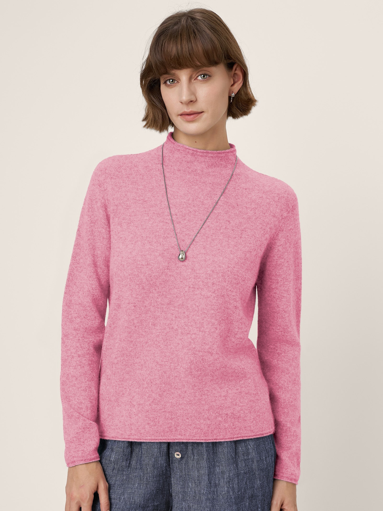 LINTICO Premium Cashmere Blend Hand-Finished Seamless Mock Neck Lettuce Edge Sweater ZELIE — side view