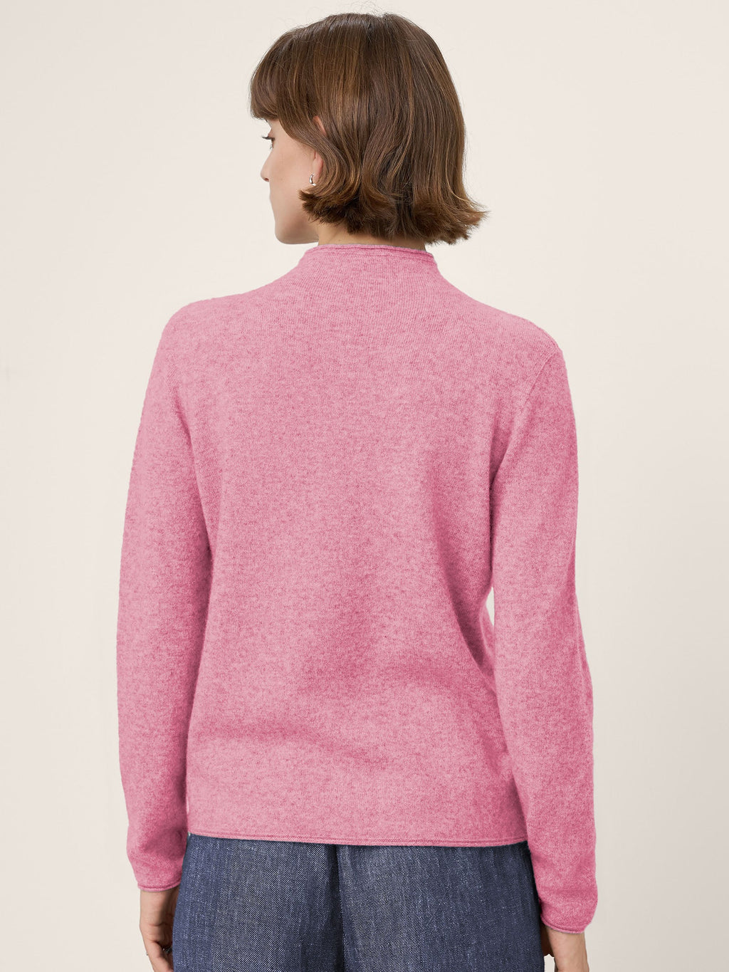 LINTICO Premium Cashmere Blend Hand-Finished Seamless Mock Neck Lettuce Edge Sweater ZELIE — back view