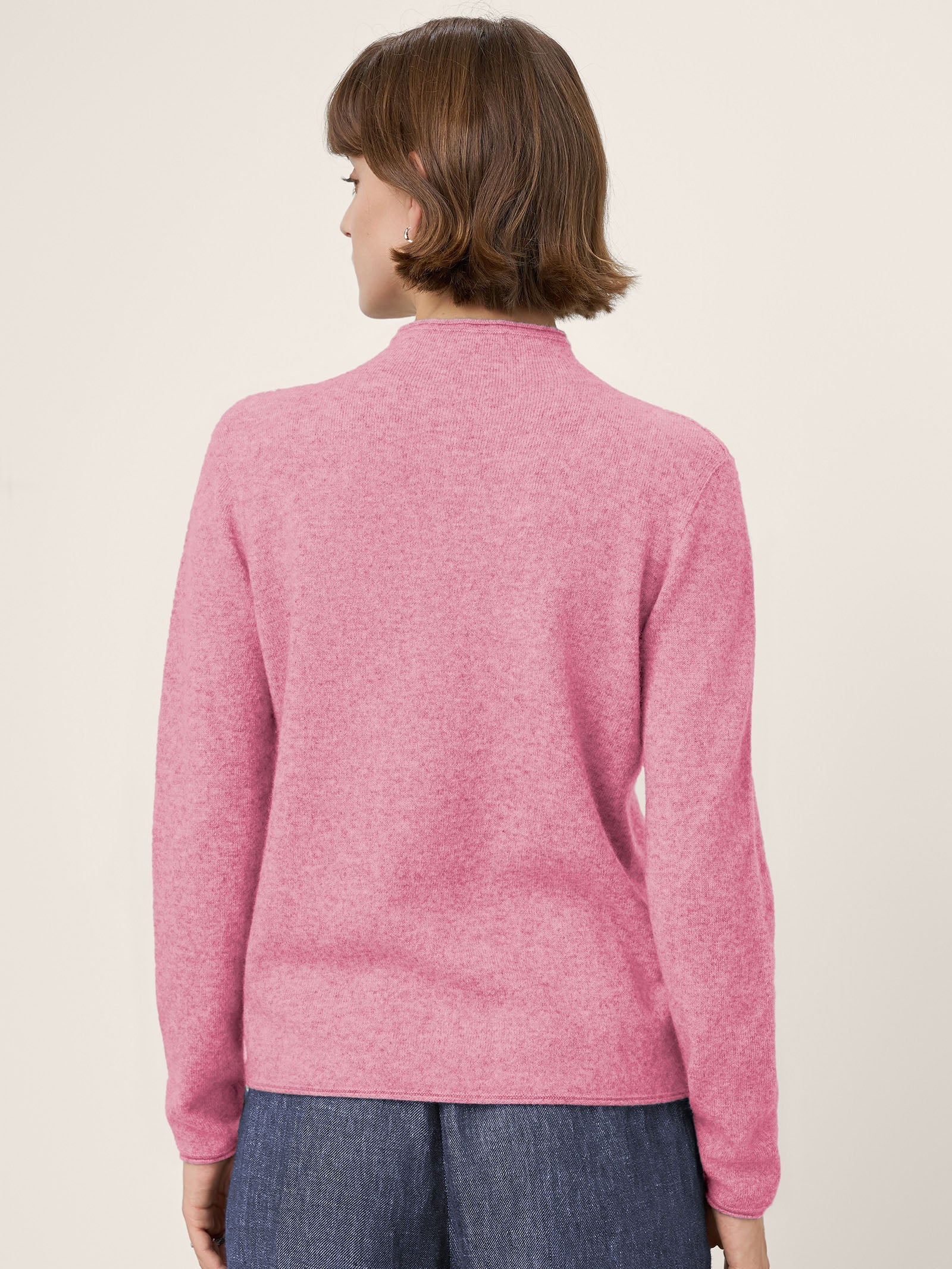 LINTICO Premium Cashmere Blend Hand-Finished Seamless Mock Neck Lettuce Edge Sweater ZELIE — back view