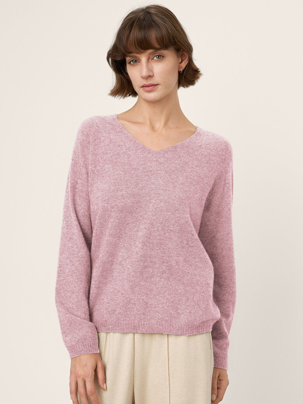 LINTICO Mongolian Cashmere & Mulberry Silk Seamless Ribbed Trim V-Neck Sweater TESSA — flat-lay composition