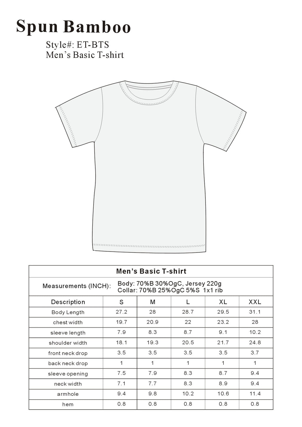 Spun Bamboo Men's Bamboo Viscose/Organic Cotton Pocket T-Shirt — size reference