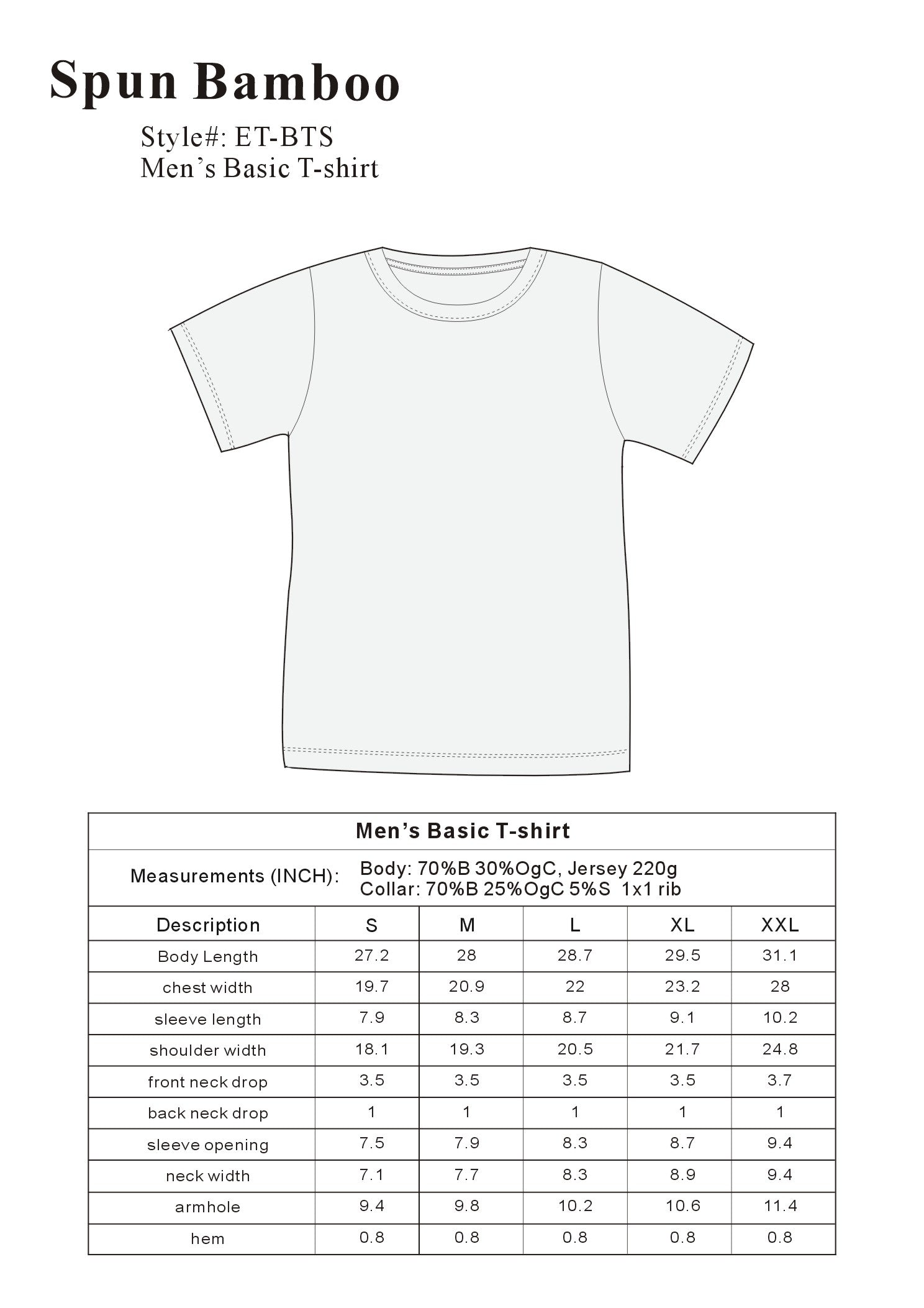 Spun Bamboo Men's Bamboo Viscose/Organic Cotton Pocket T-Shirt — size reference