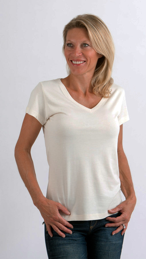 Spun Bamboo Clearance Women's Bamboo V-Neck Cap Sleeve T-Shirt — detail close-up