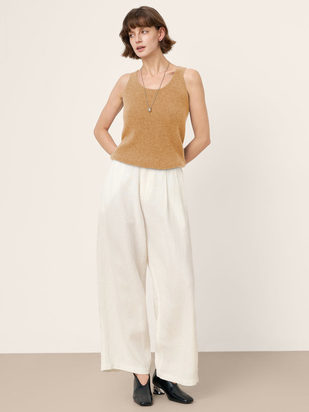 LINTICO 100% Mongolian Cashmere Versatile Crew Neck Tank Top VIVIANA — product on model