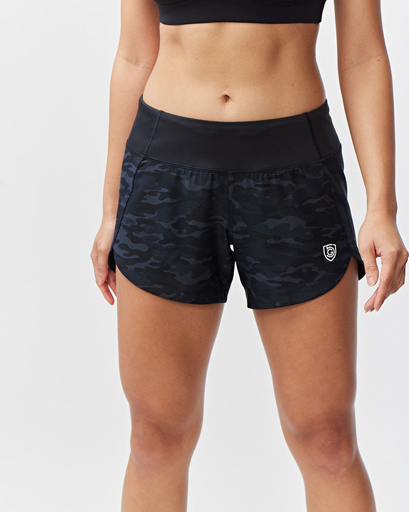Goal Five Excel Women's Workout Shorts — flat-lay composition