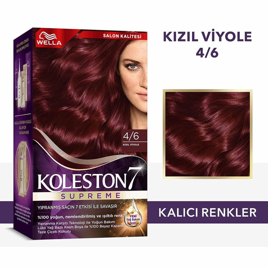 Wella Koleston Supreme 4/6 Kõzõl Viyole: Radiant Red Violet Hair Dye Kit - Long Lasting Color, Intense Shine & Deep Conditioning