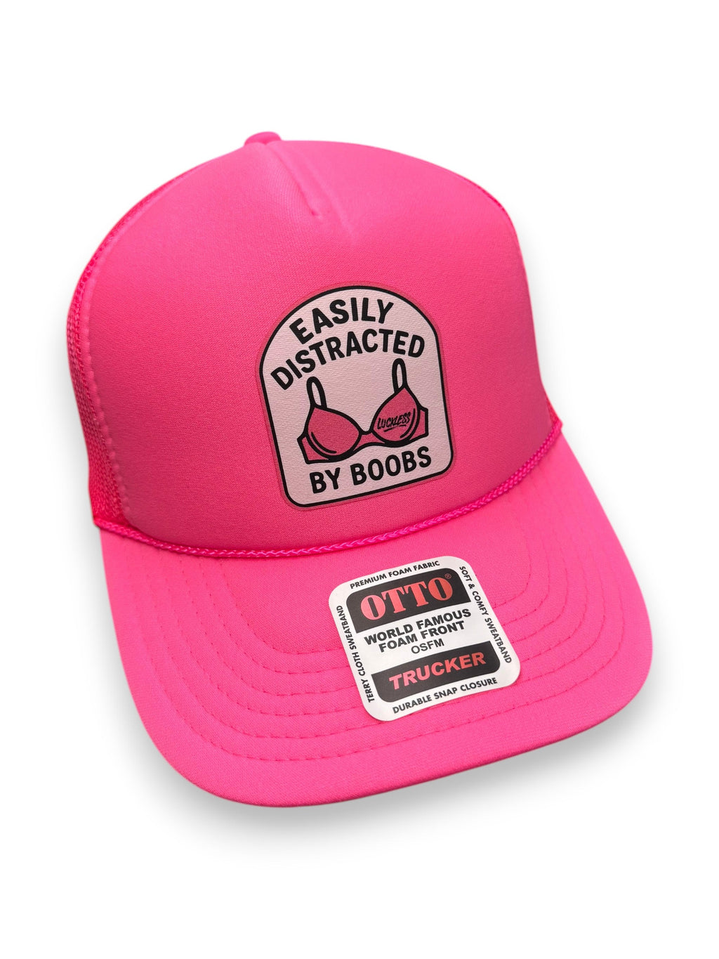Luckless Outfitters Easily Distracted Trucker Hat — detail close-up
