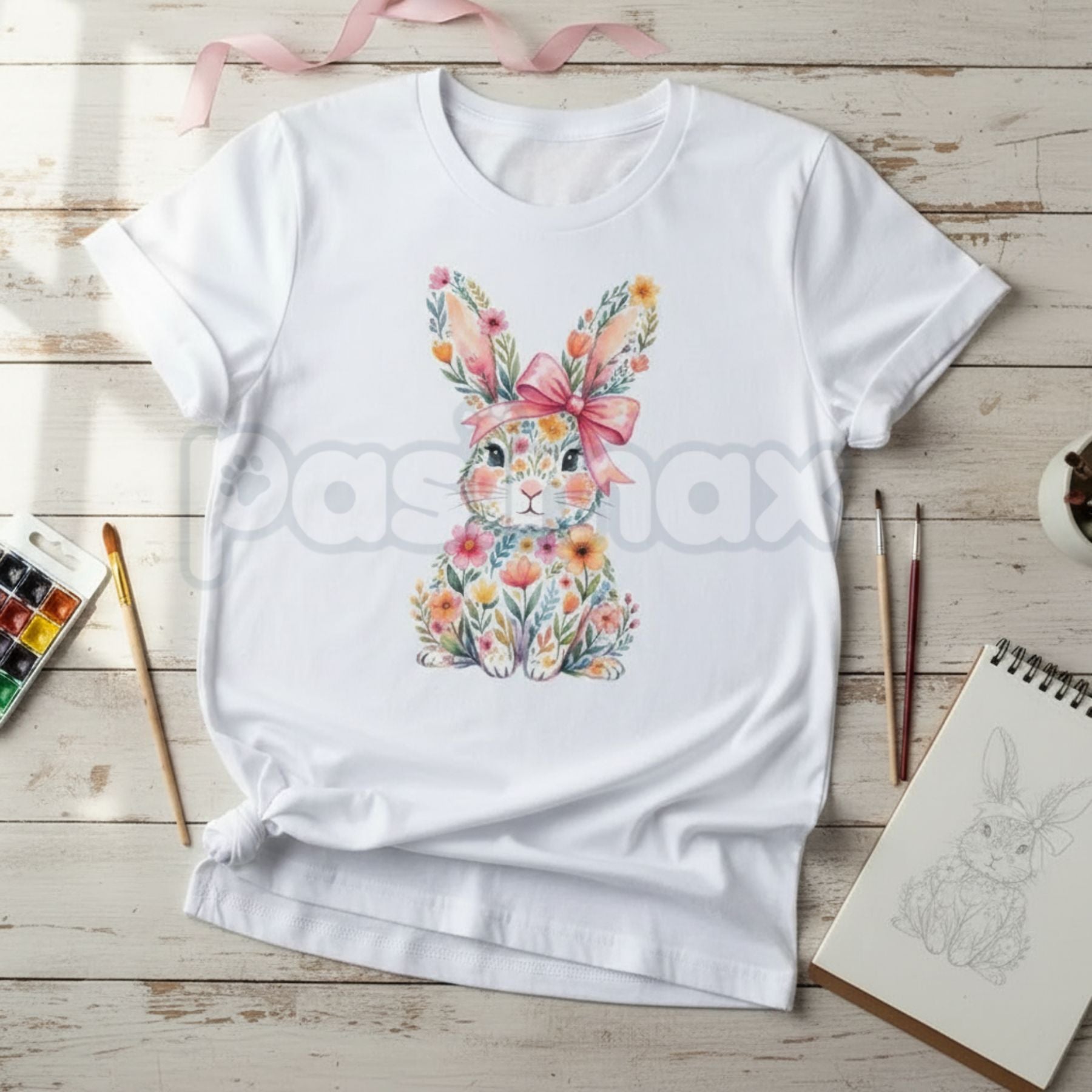Pasimax Easter Bunny with Pink Bow & Colorful Swirls T-Shirt - Vibrant Spring Floral Graphic Tee, Premium 100% Cotton Easter 